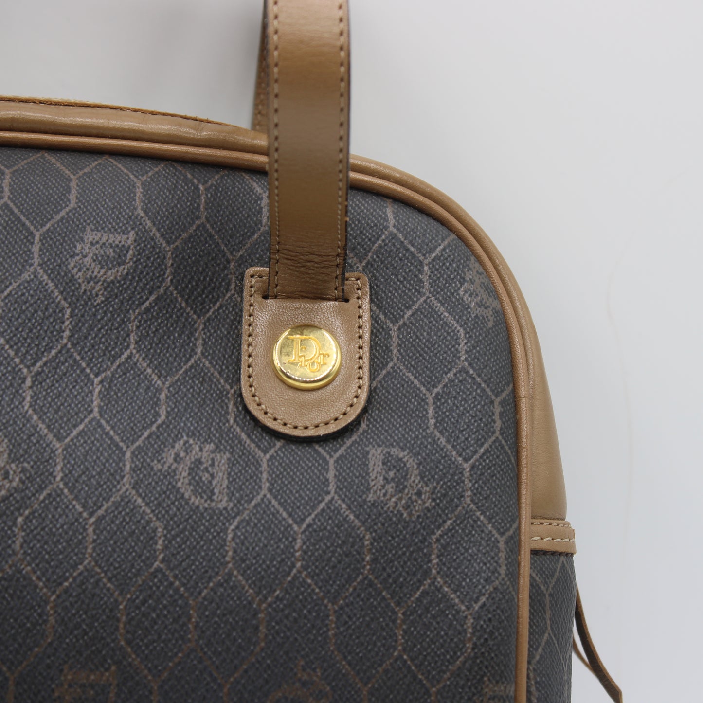 Christian Dior Brown Honeycomb Mini Boston Handbag Leather Trim