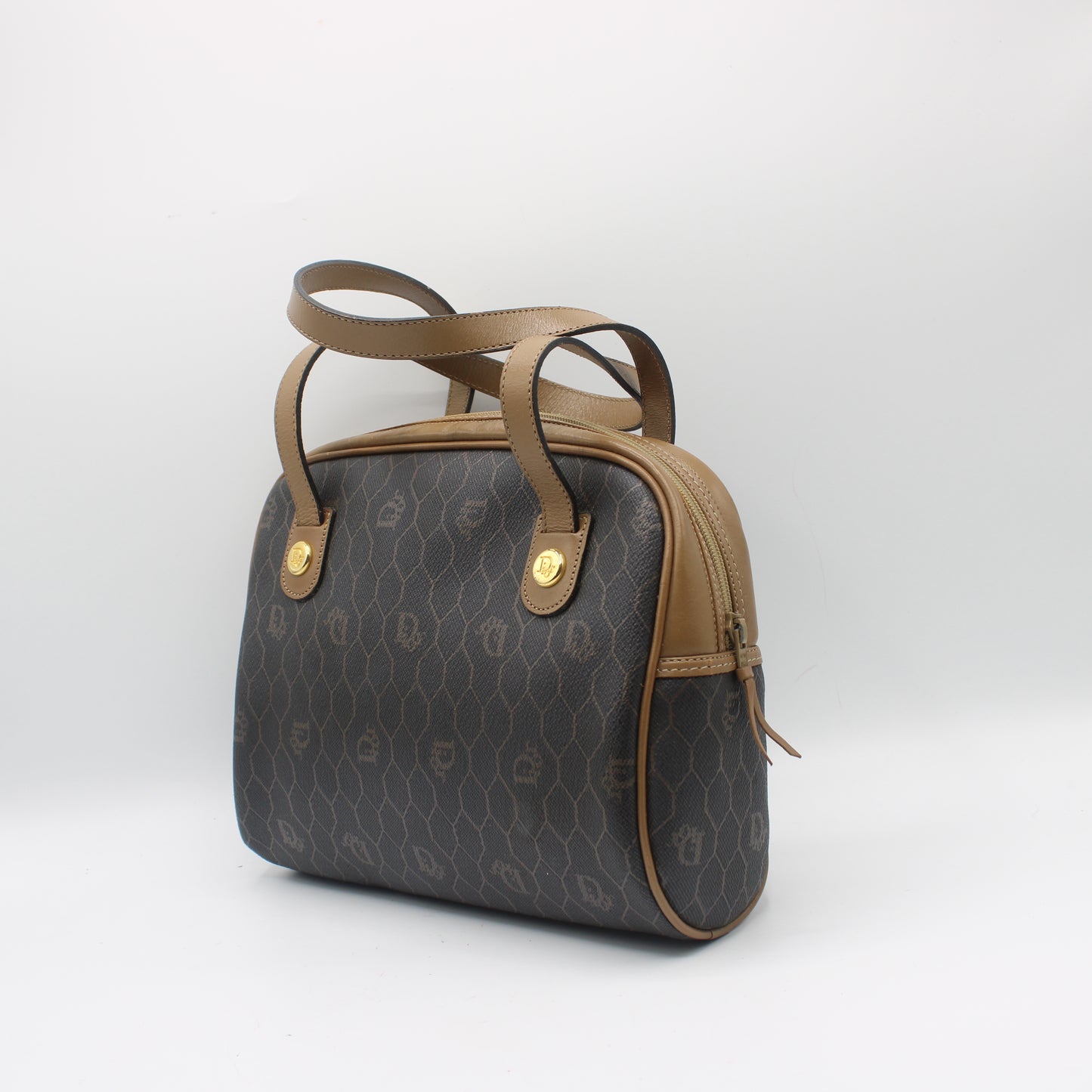 Christian Dior Brown Honeycomb Mini Boston Handbag Leather Trim