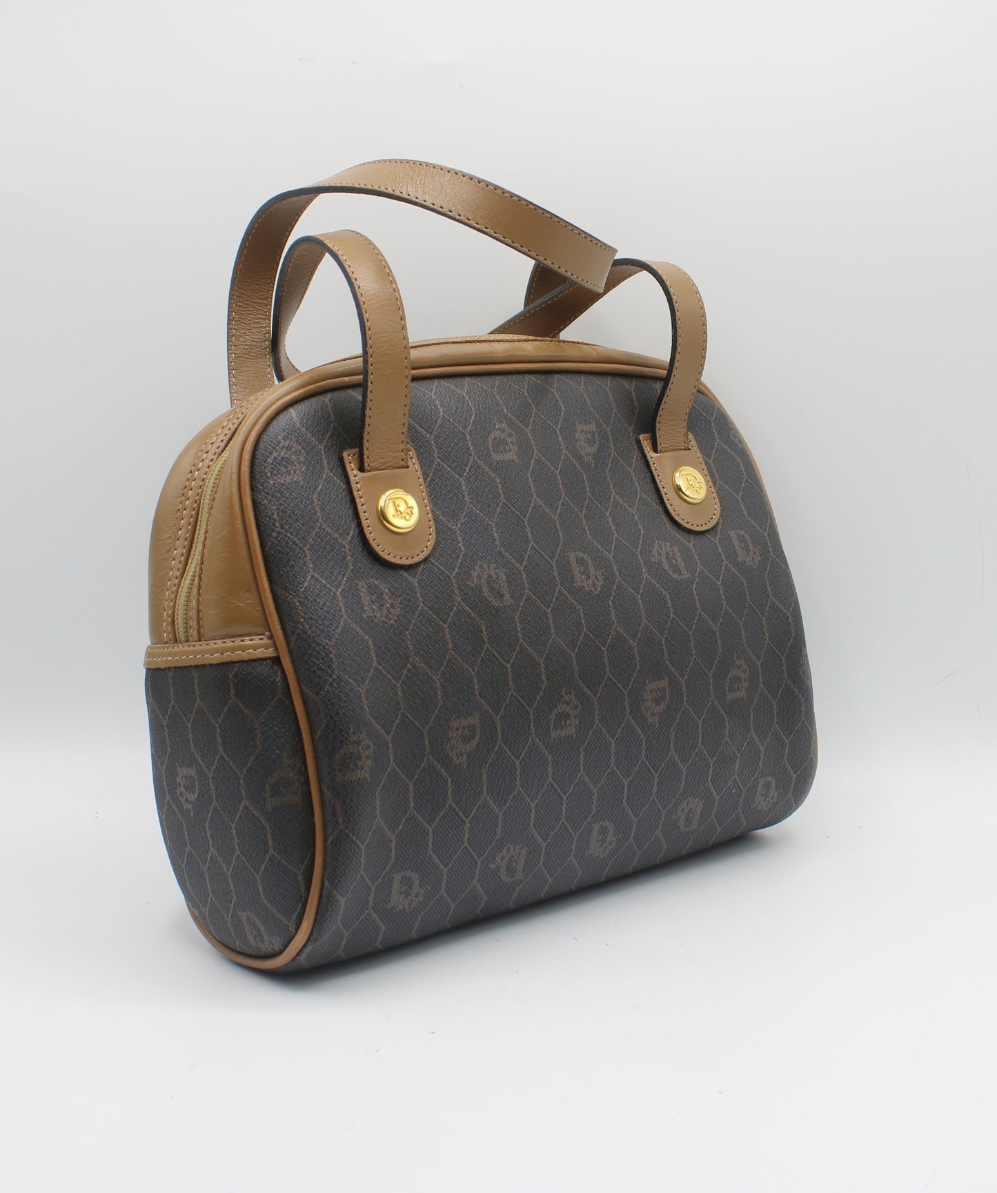 Christian Dior Brown Honeycomb Mini Boston Handbag Leather Trim