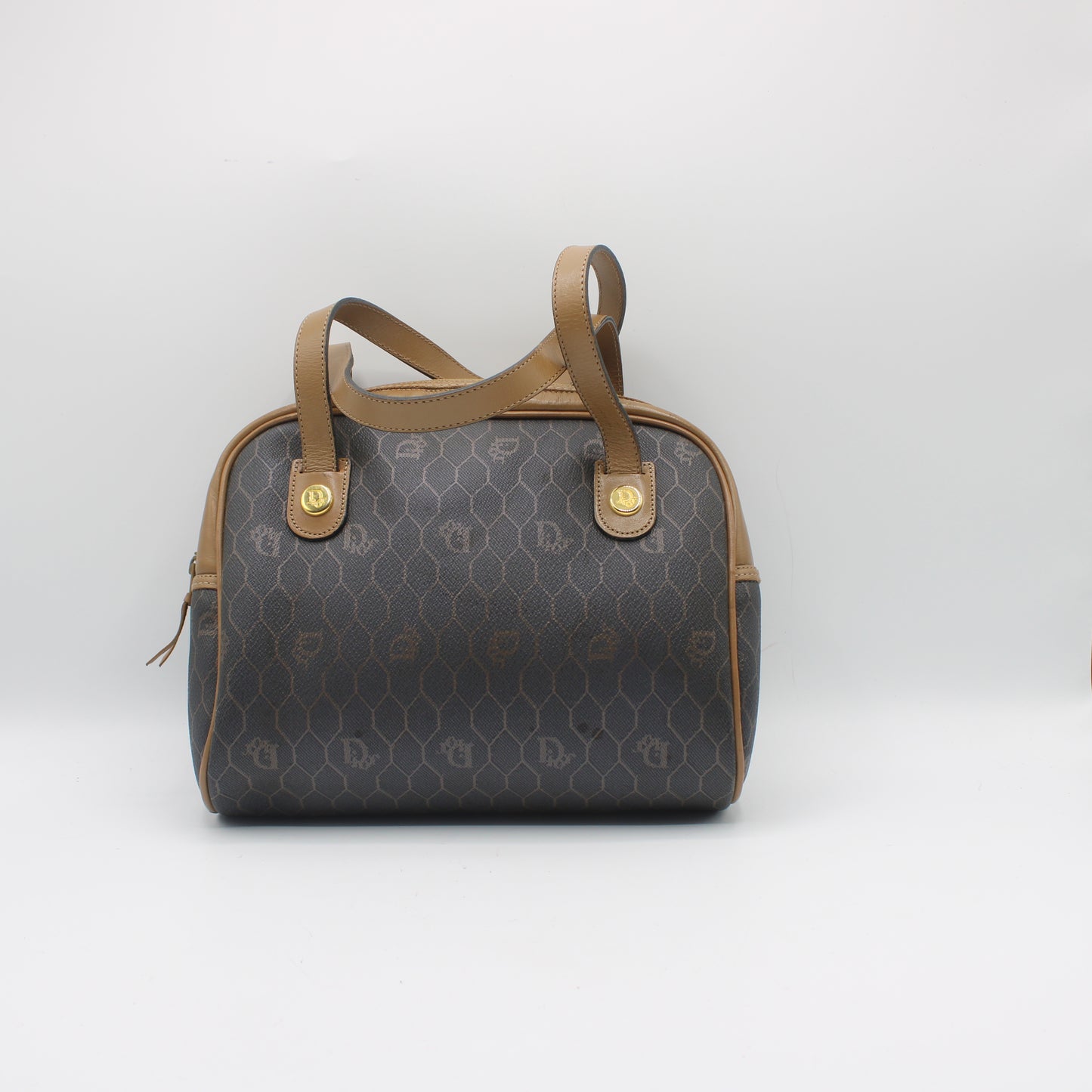Christian Dior Brown Honeycomb Mini Boston Handbag Leather Trim