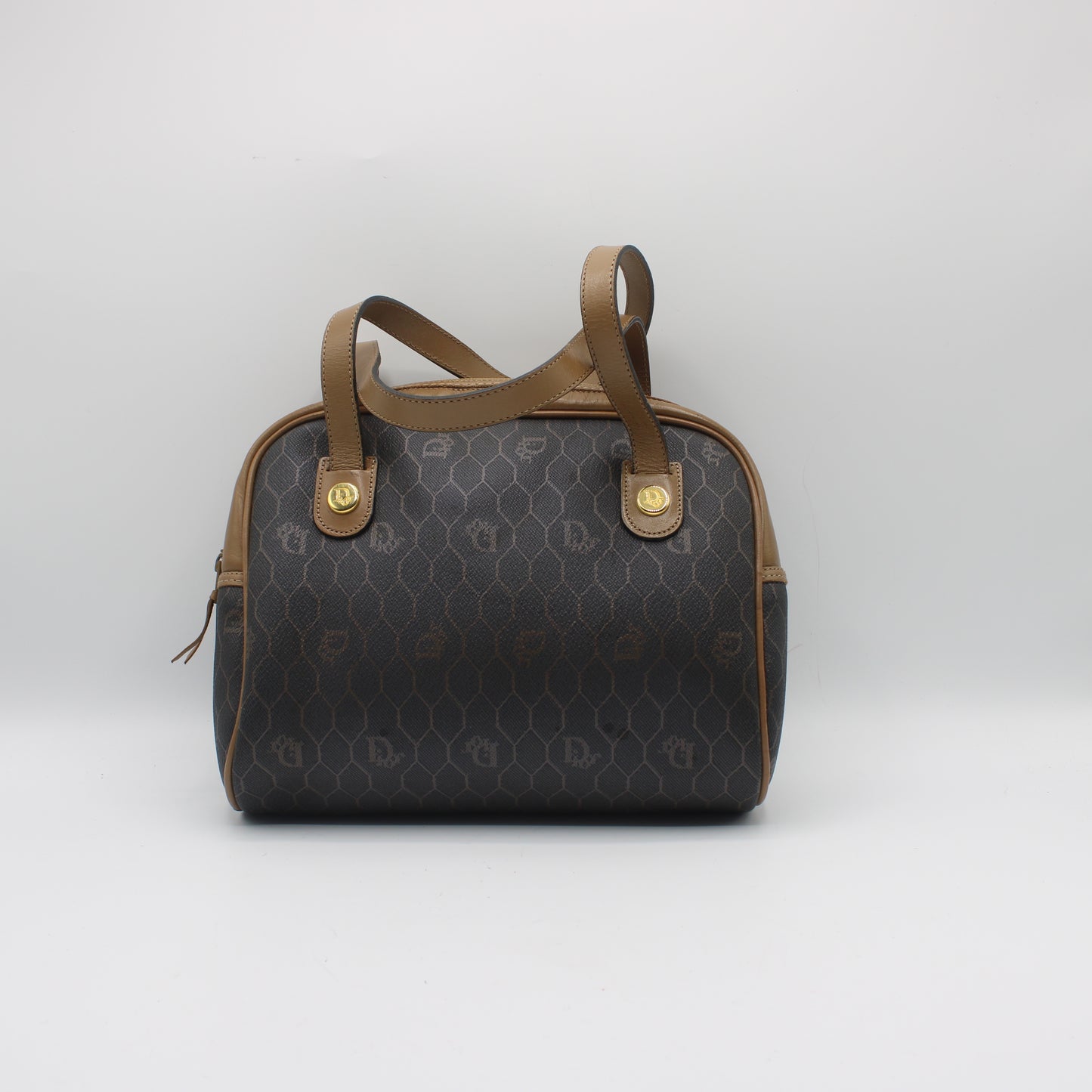 Christian Dior Brown Honeycomb Mini Boston Handbag Leather Trim