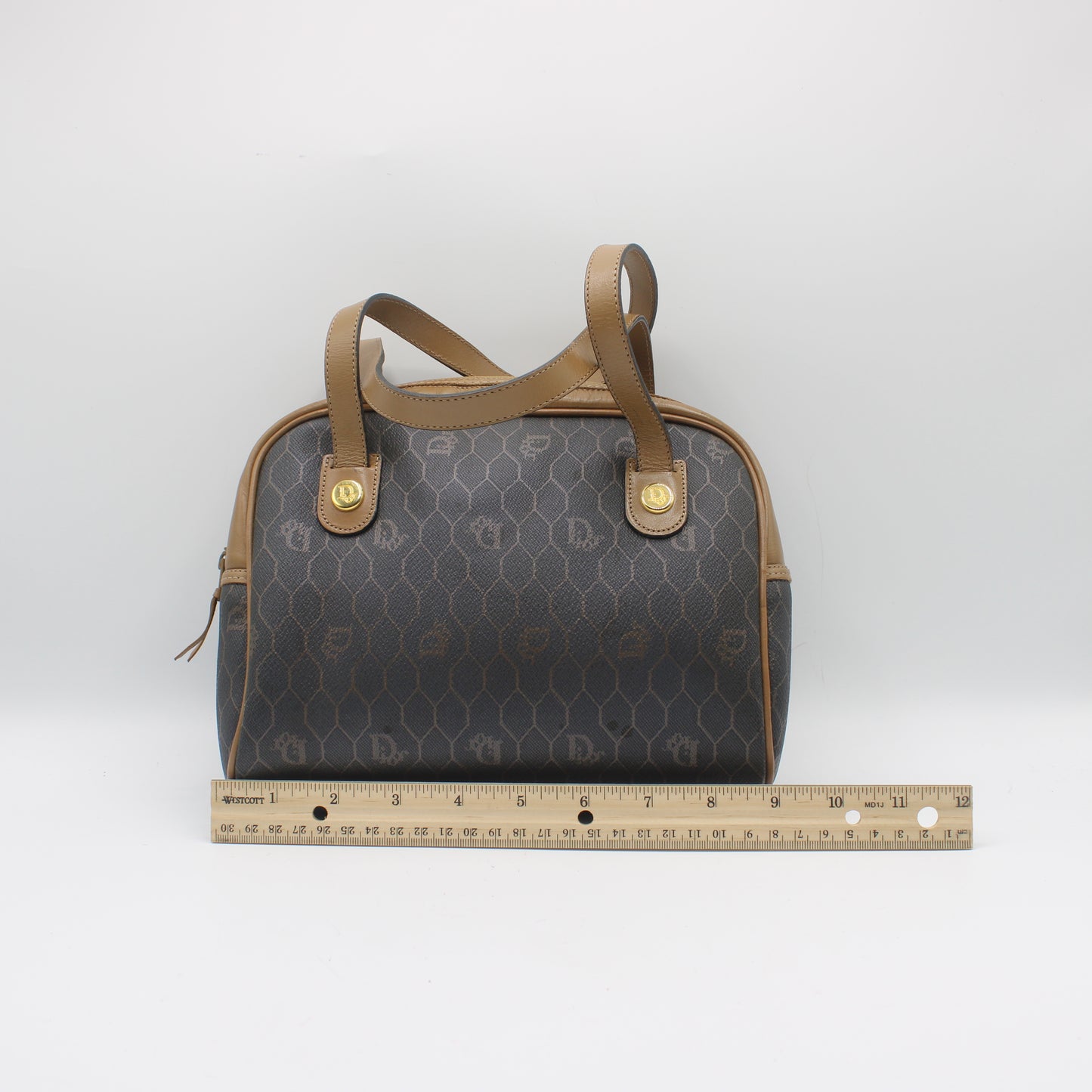 Christian Dior Brown Honeycomb Mini Boston Handbag Leather Trim