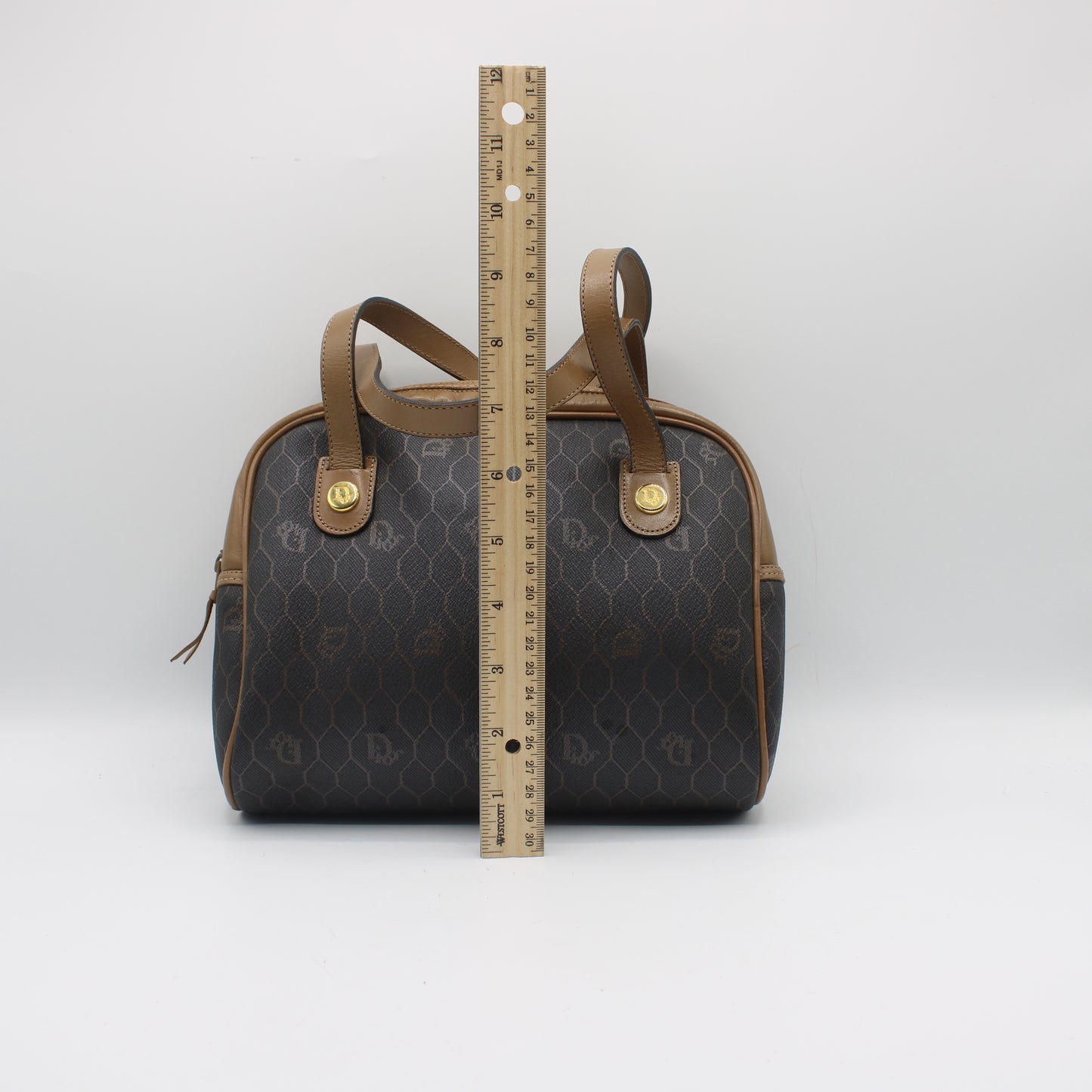 Christian Dior Brown Honeycomb Mini Boston Handbag Leather Trim