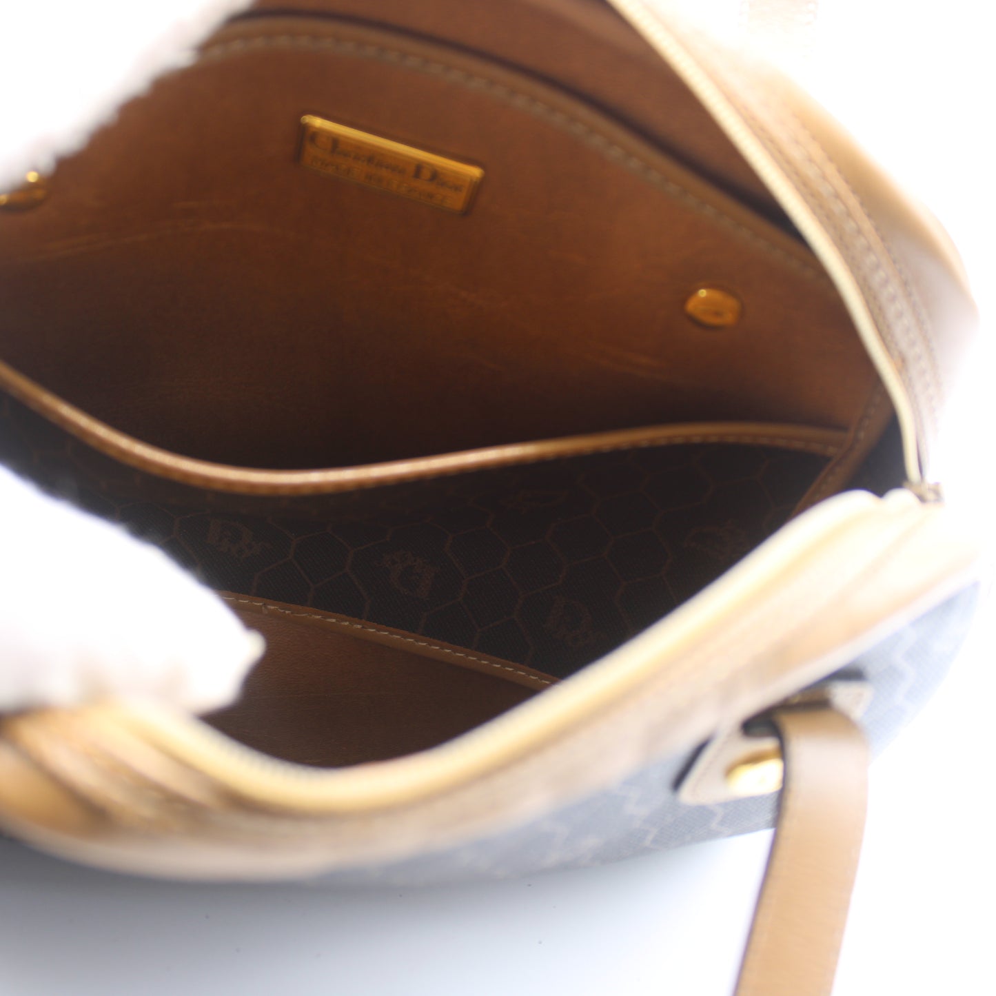 Christian Dior Brown Honeycomb Mini Boston Handbag Leather Trim