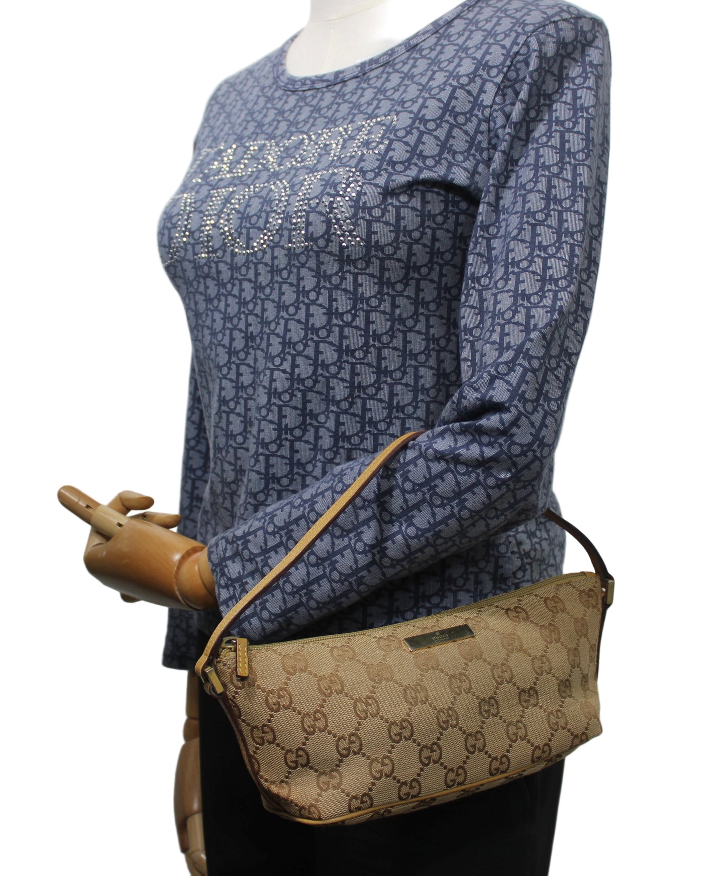 Gucci Beige GG Canvas Leather Trim Small Boat Handbag