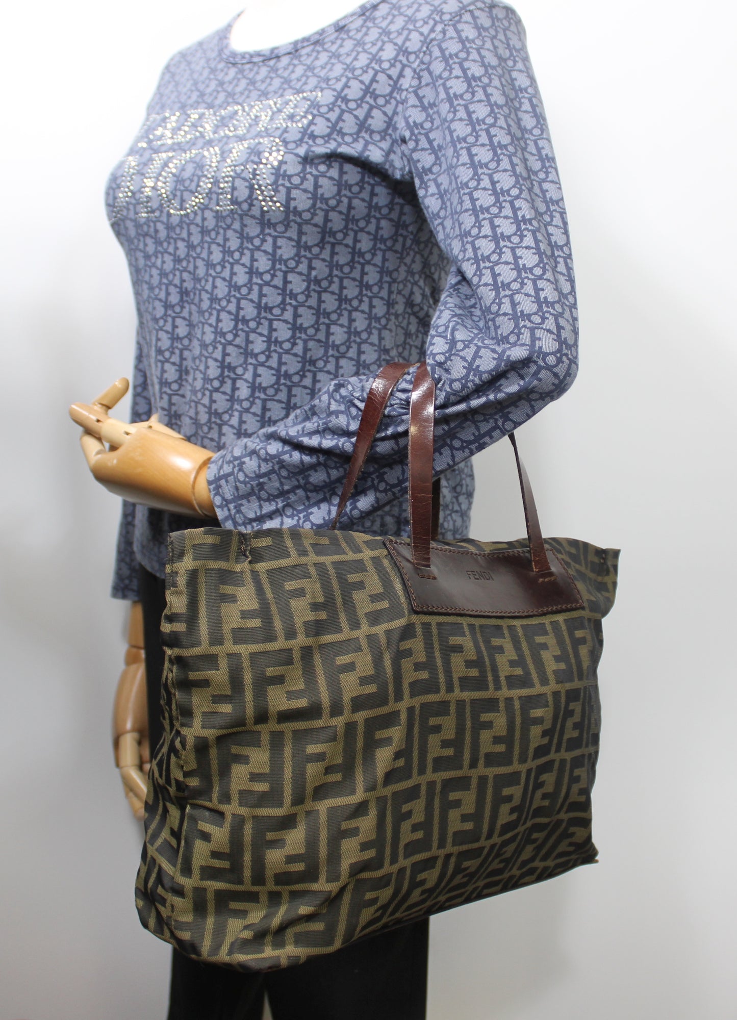 Fendi Brown Zucca Canvas Leather Trim Tote Bag