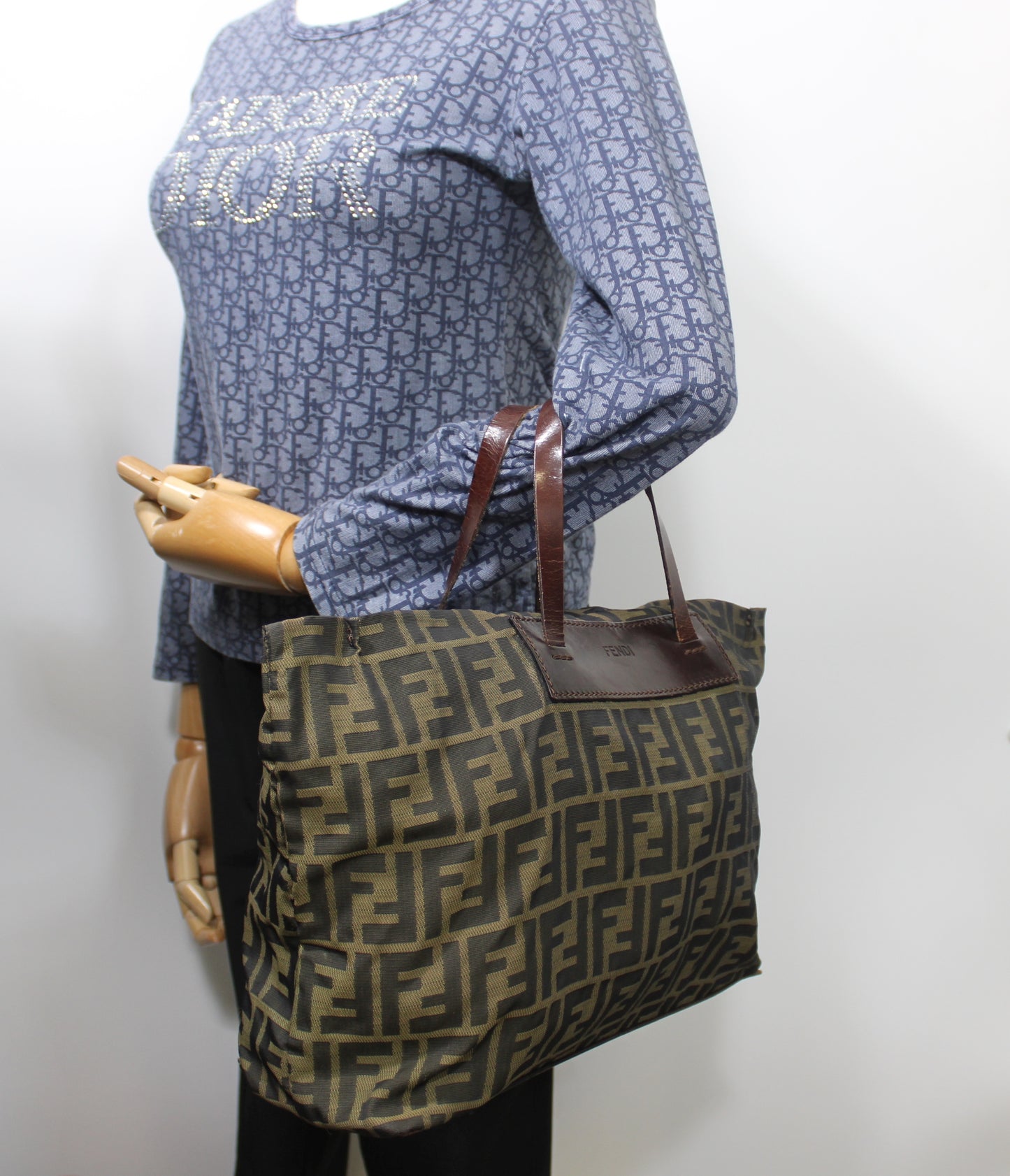 Fendi Brown Zucca Canvas Leather Trim Tote Bag
