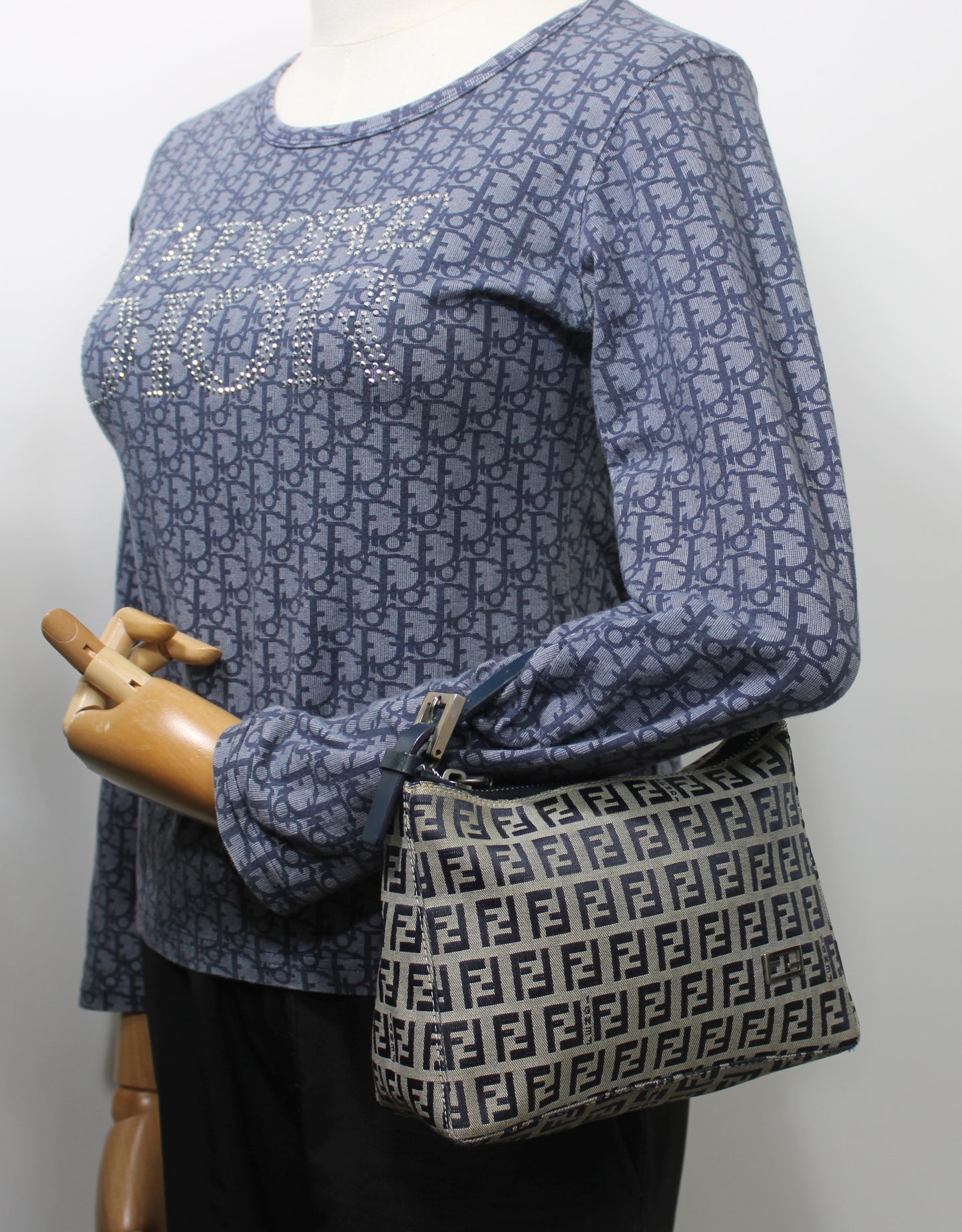 Fendi Navy Zucca Zucchino Canvas Leather Strap Pouch Bag