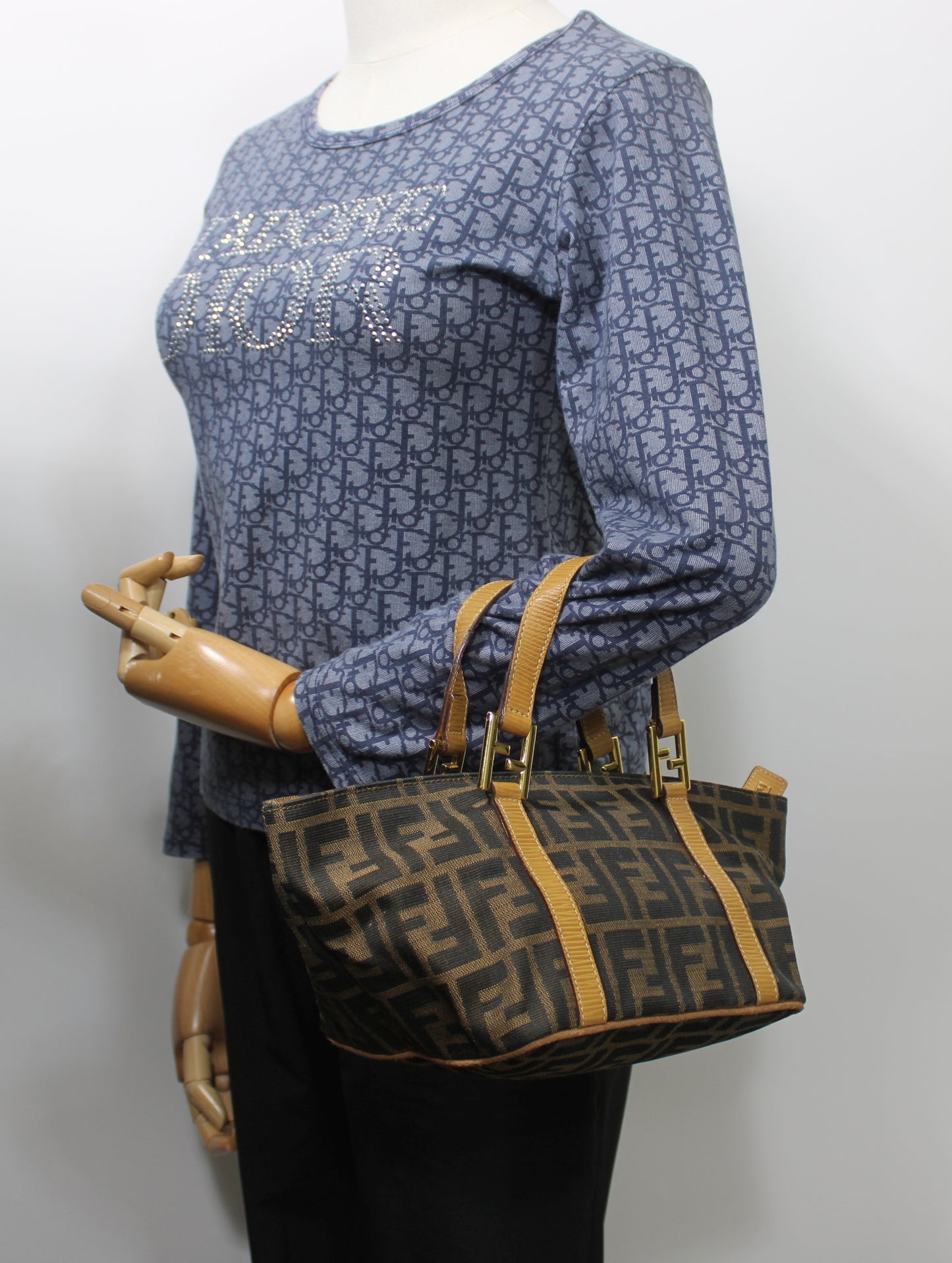Fendi Brown Zucca Canvas Beige Leather Mini Hand Bag