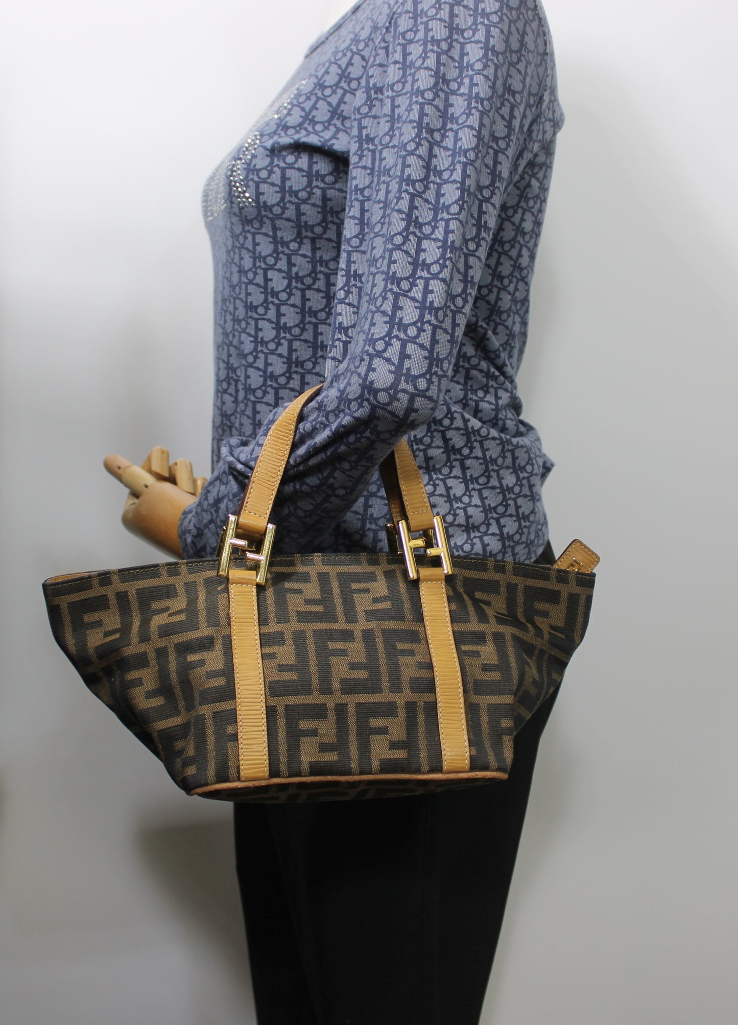 Fendi Brown Zucca Canvas Beige Leather Mini Hand Bag