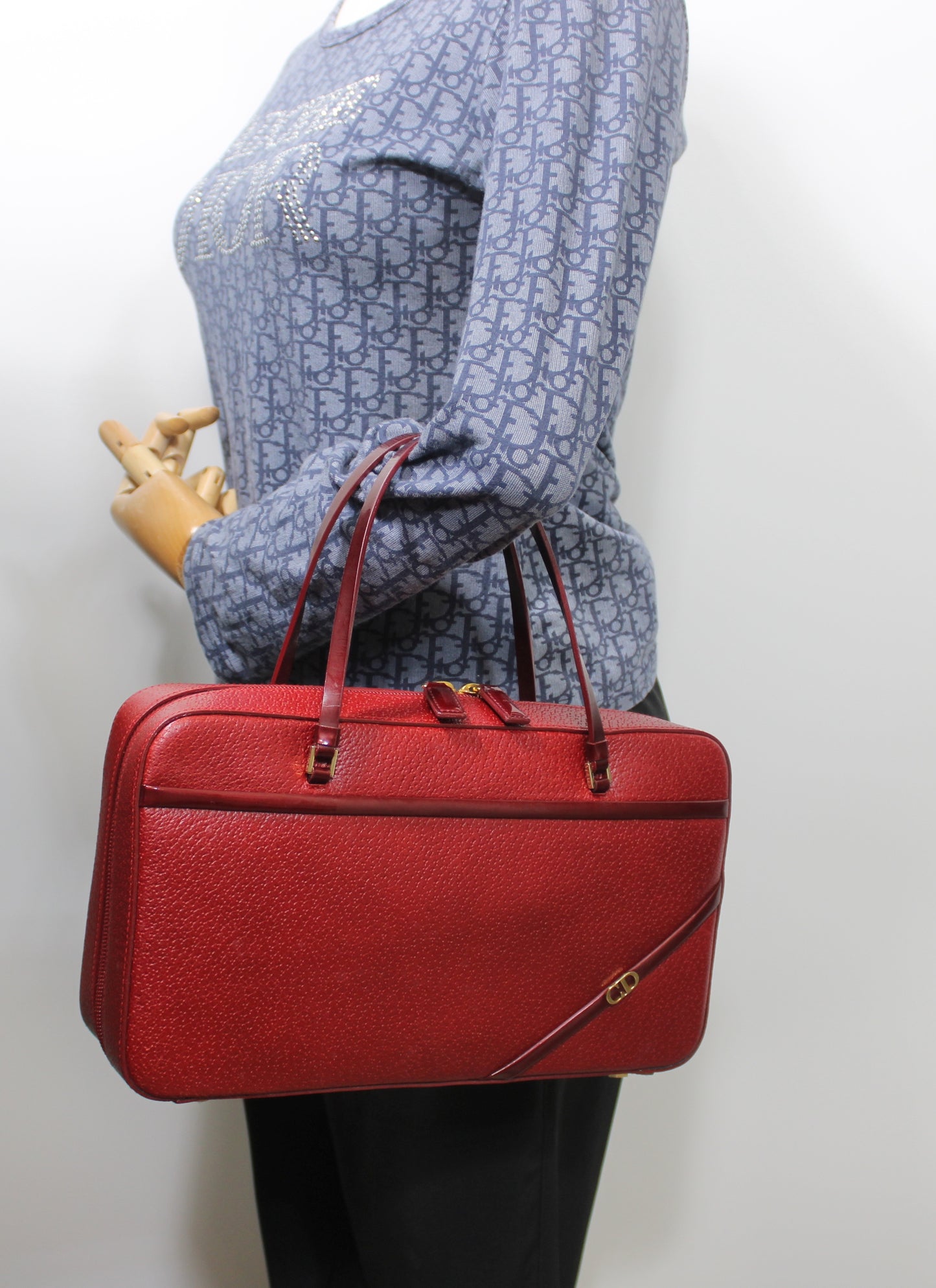 Christian Dior Red Leather Structured Hand Bag Gold Logo