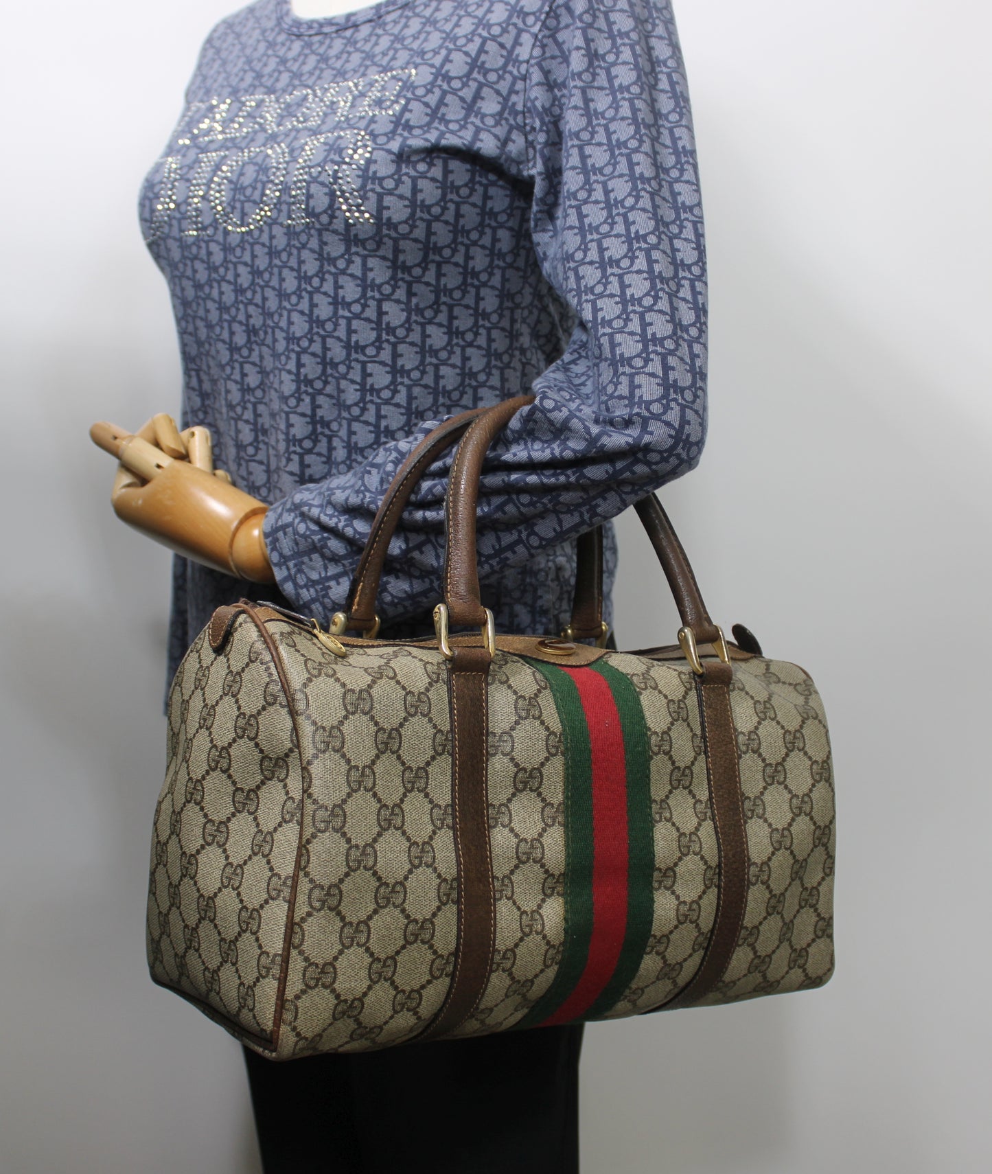Gucci Beige Brown GG Canvas Green Red Stripe Boston Bag