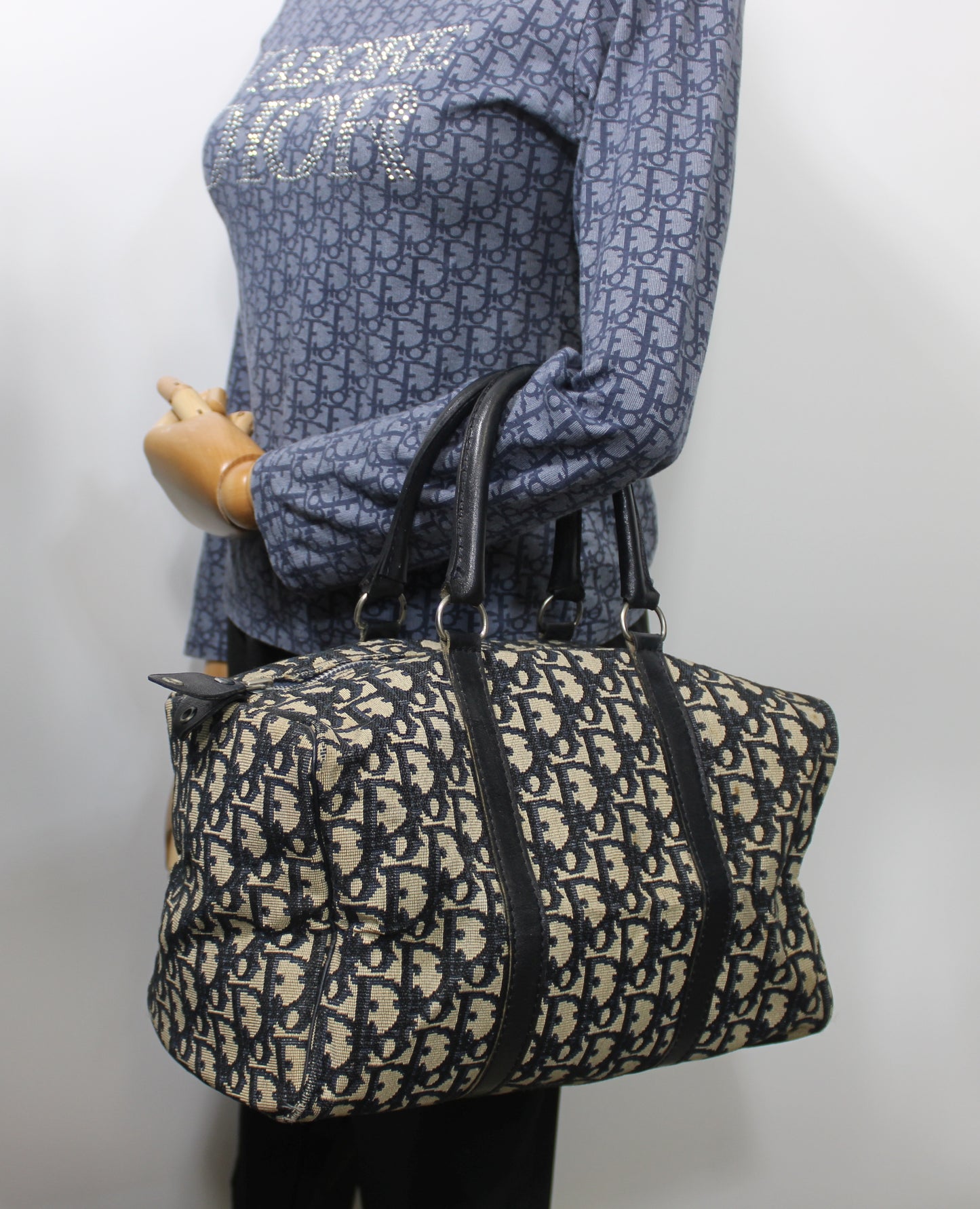 Christian Dior Navy Trotter Canvas Leather Boston Bag