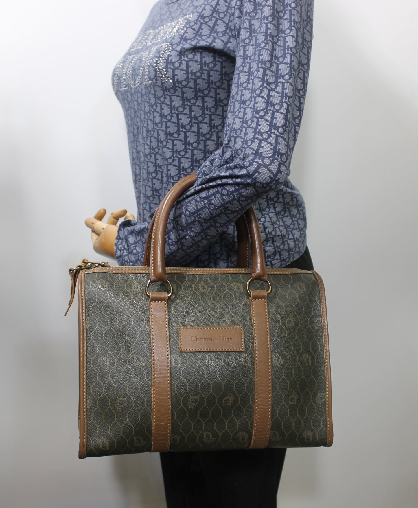 Christian Dior Brown Honeycomb Canvas Leather Boston Bag