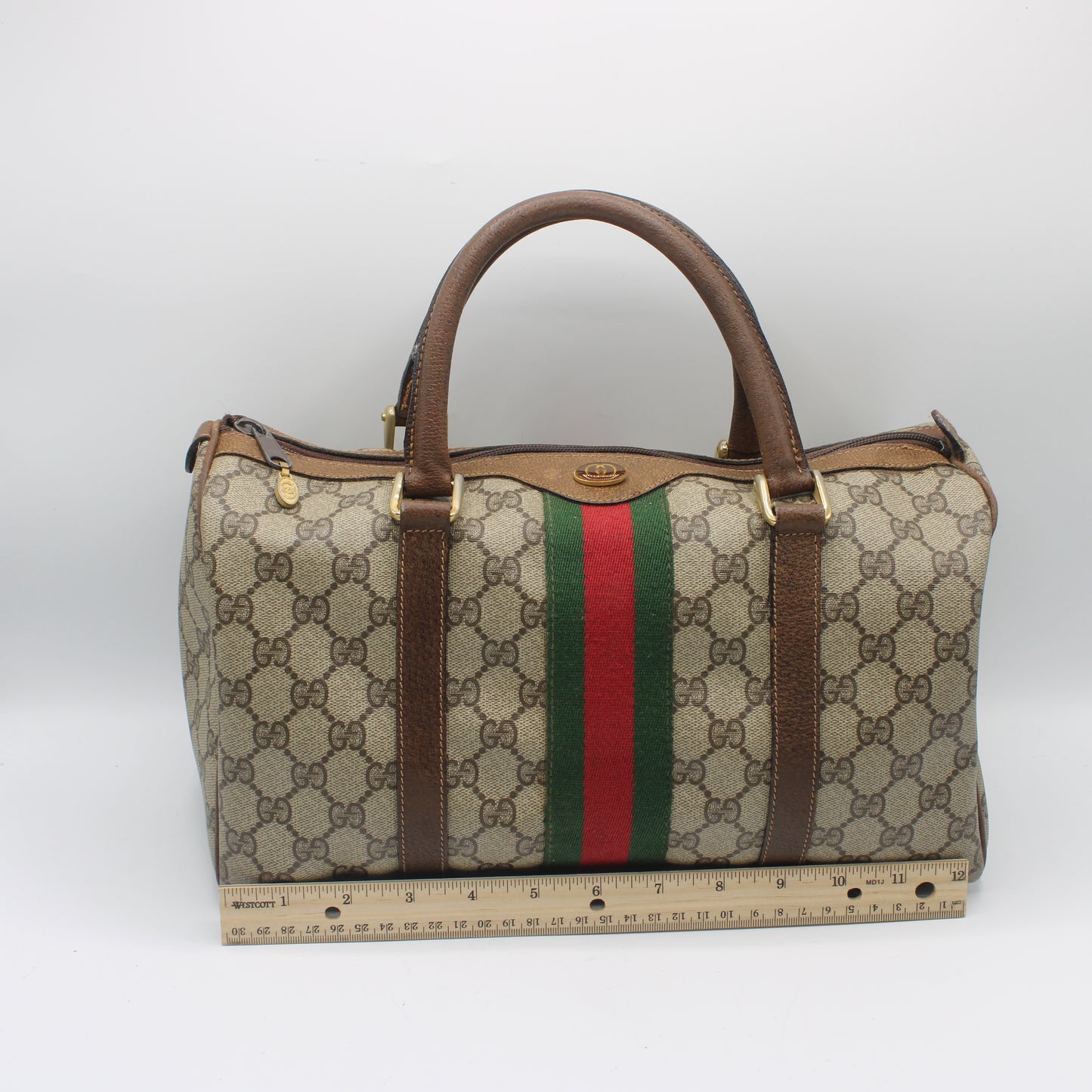 Gucci Beige Brown GG Canvas Green Red Stripe Boston Bag