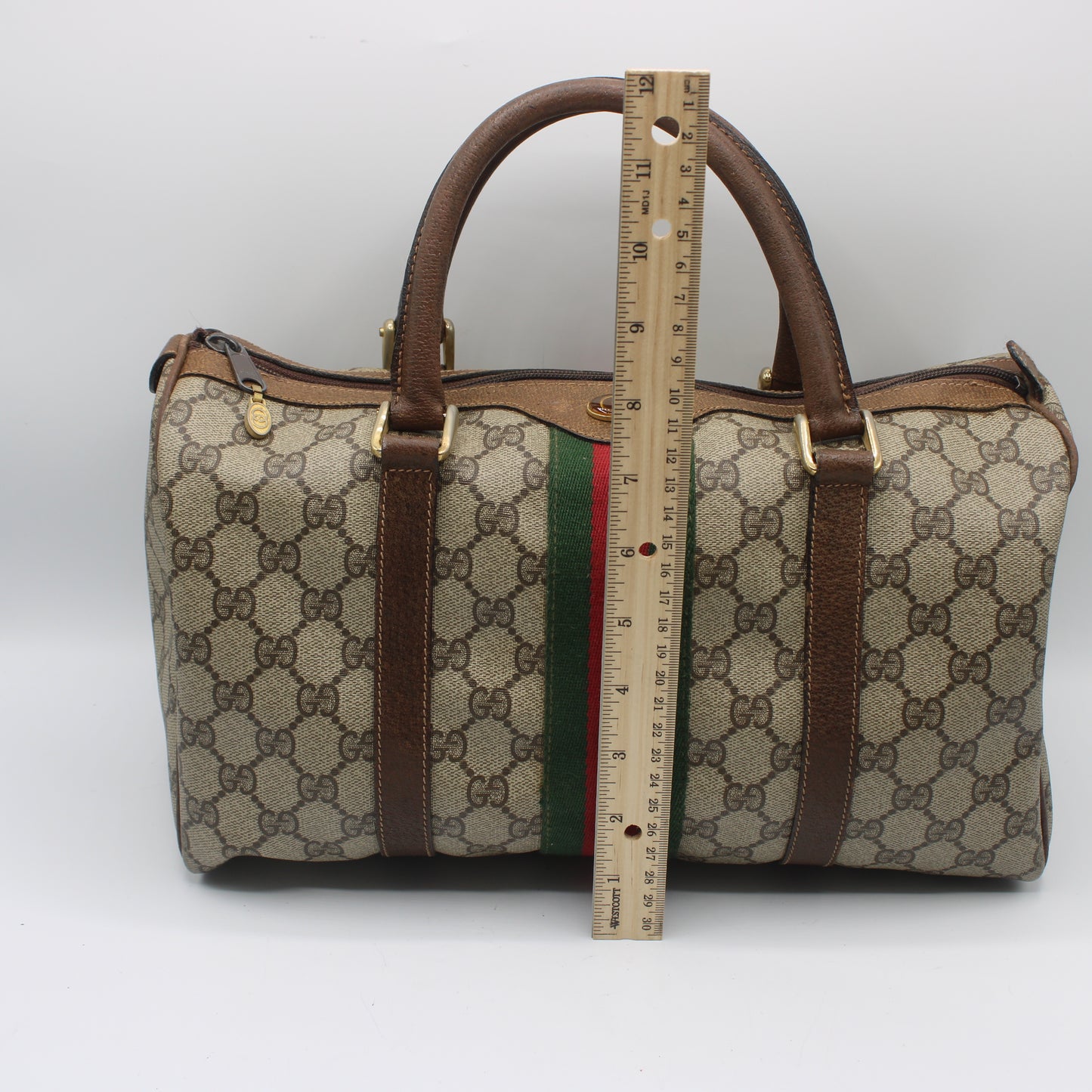 Gucci Beige Brown GG Canvas Green Red Stripe Boston Bag