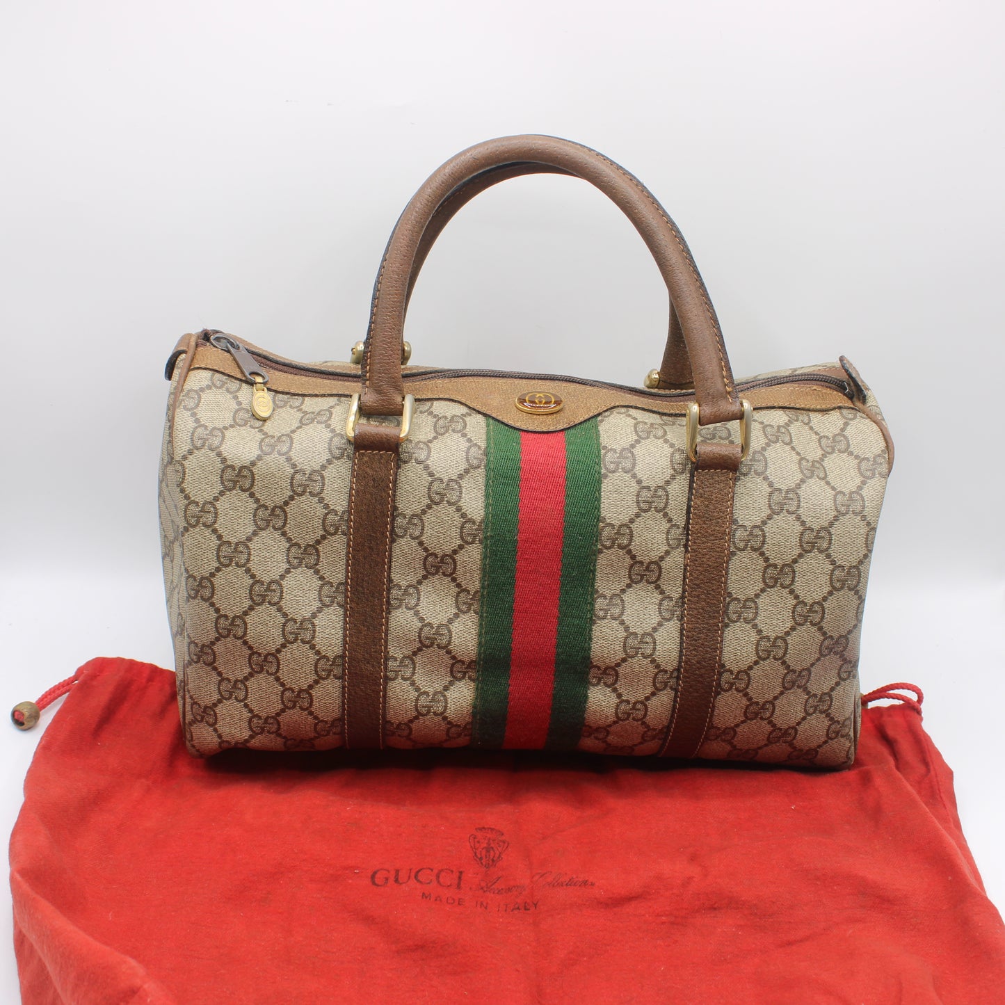 Gucci Beige Brown GG Canvas Green Red Stripe Boston Bag