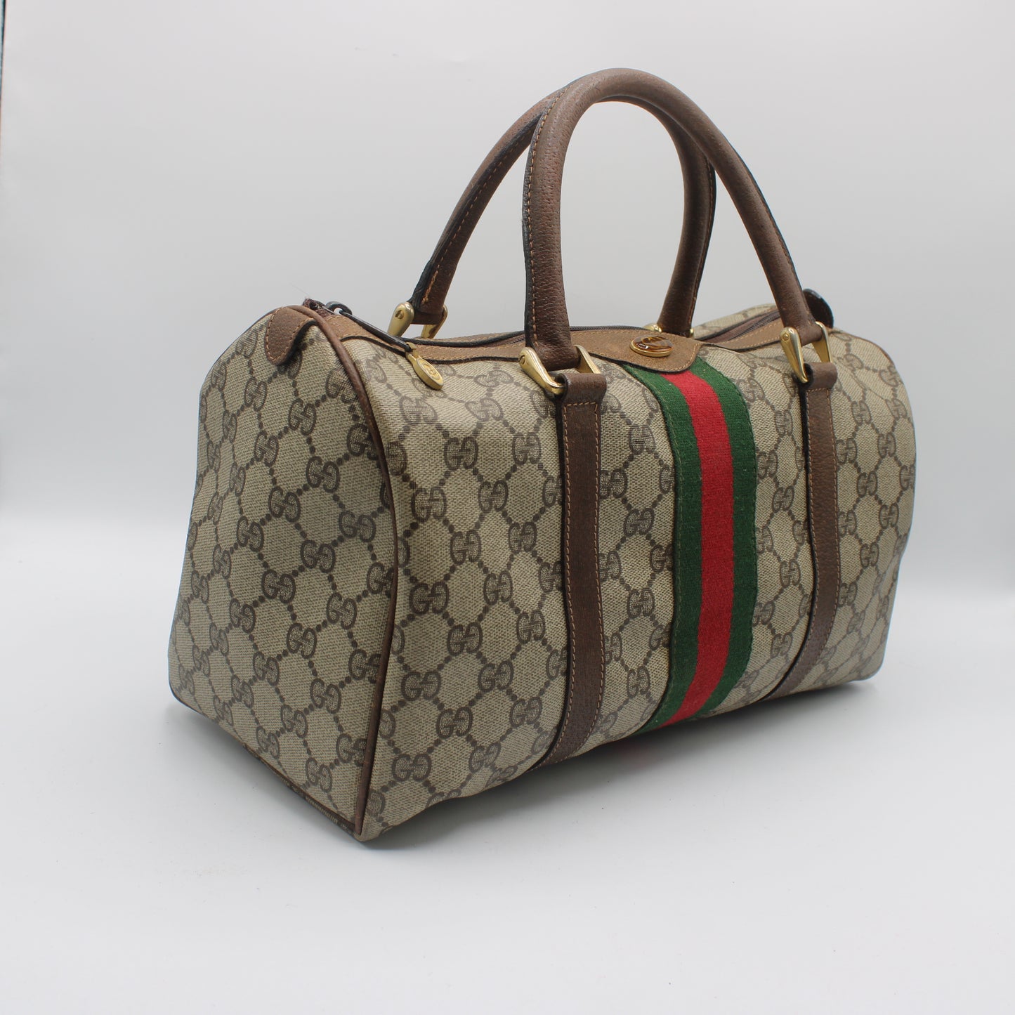 Gucci Beige Brown GG Canvas Green Red Stripe Boston Bag