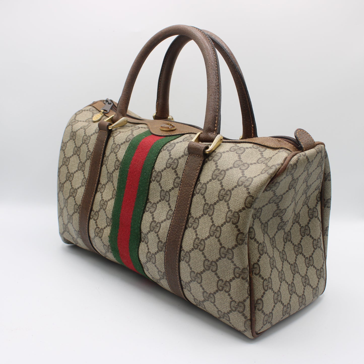 Gucci Beige Brown GG Canvas Green Red Stripe Boston Bag