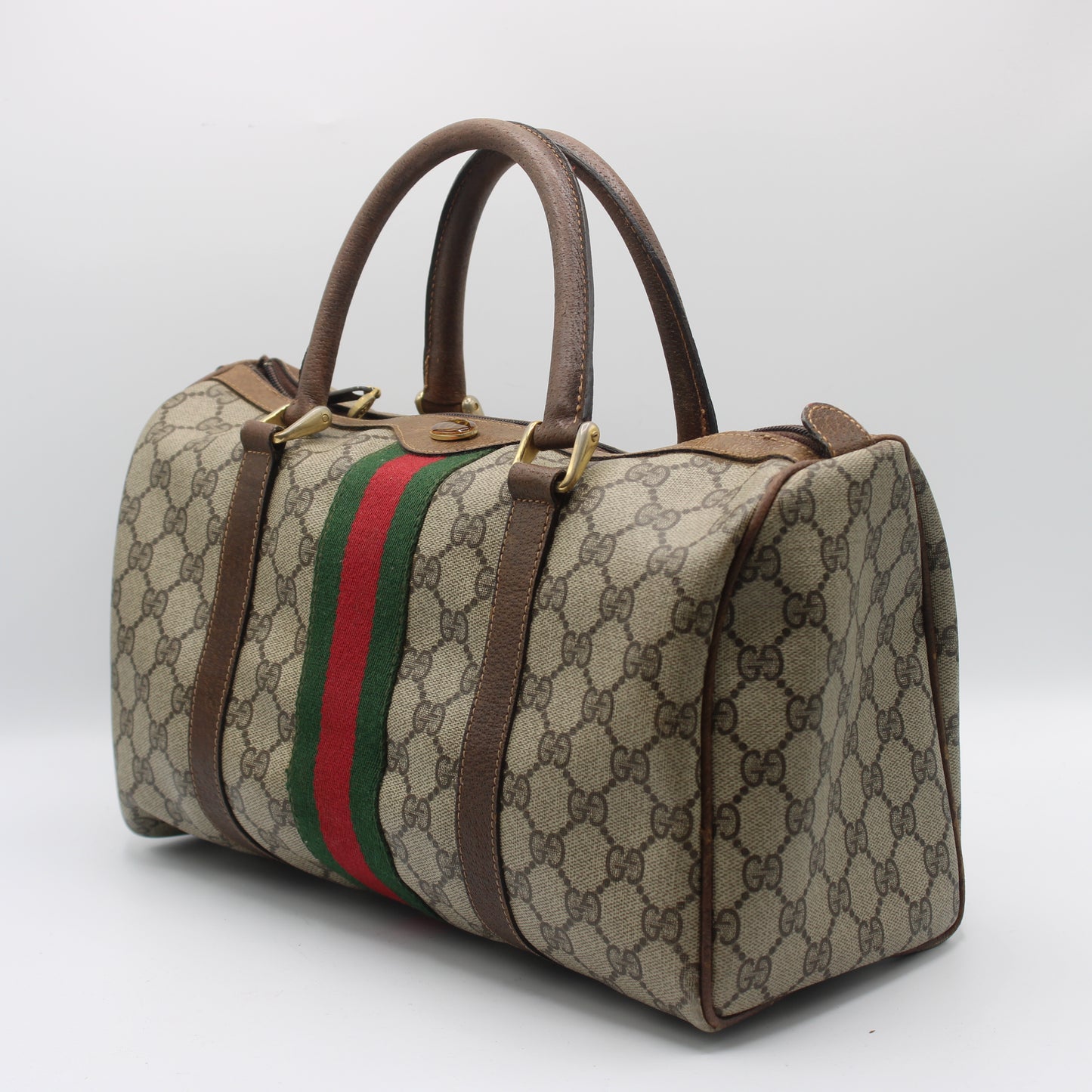 Gucci Beige Brown GG Canvas Green Red Stripe Boston Bag