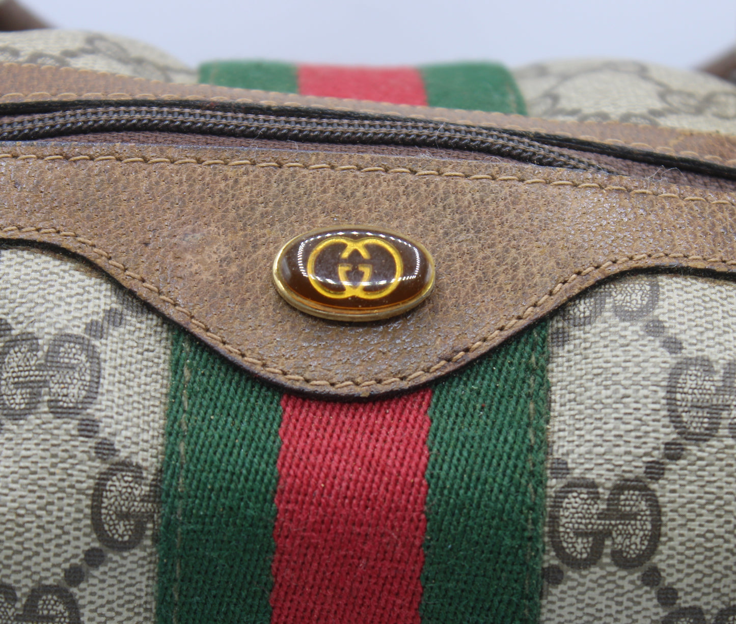 Gucci Beige Brown GG Canvas Green Red Stripe Boston Bag