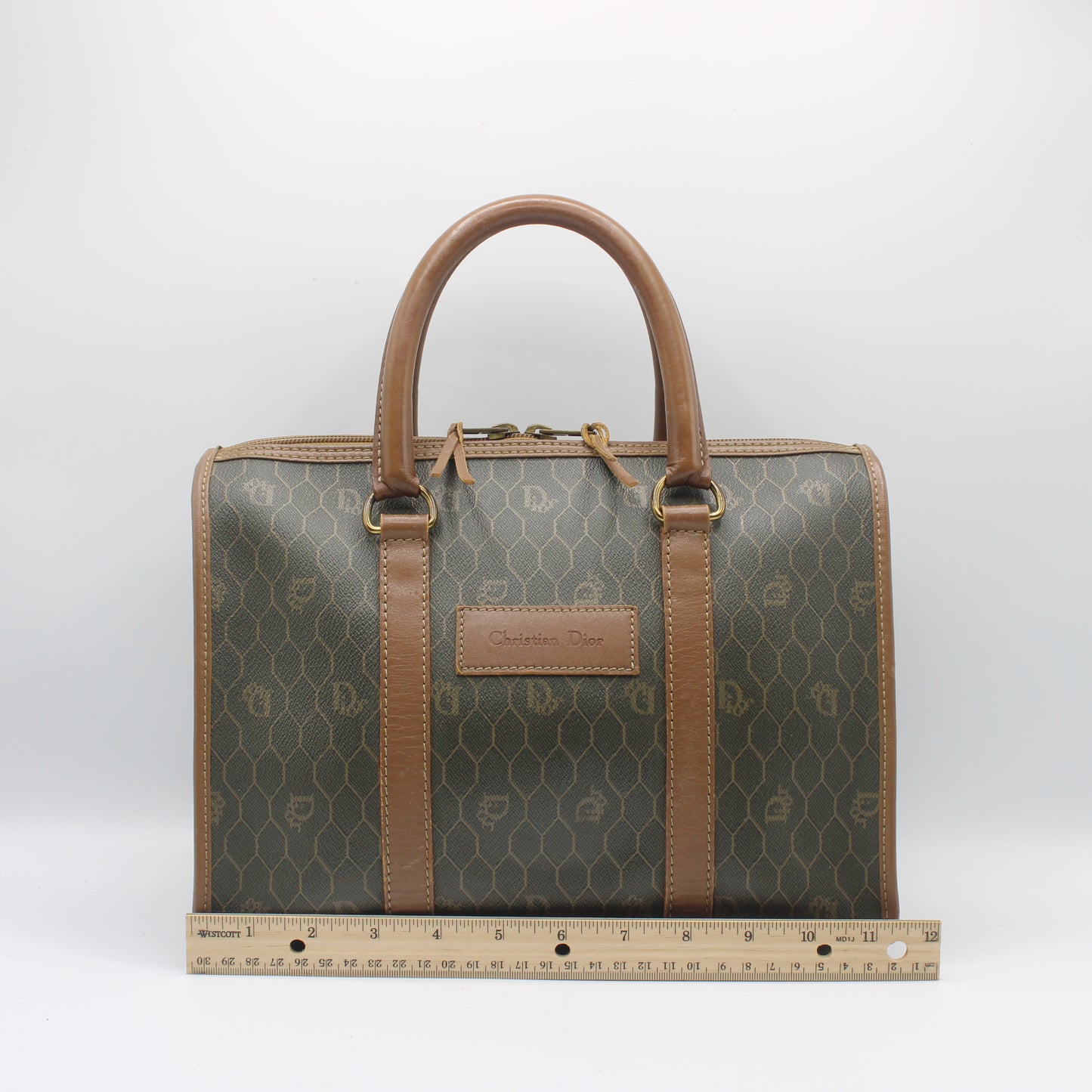 Christian Dior Brown Honeycomb Canvas Leather Boston Bag