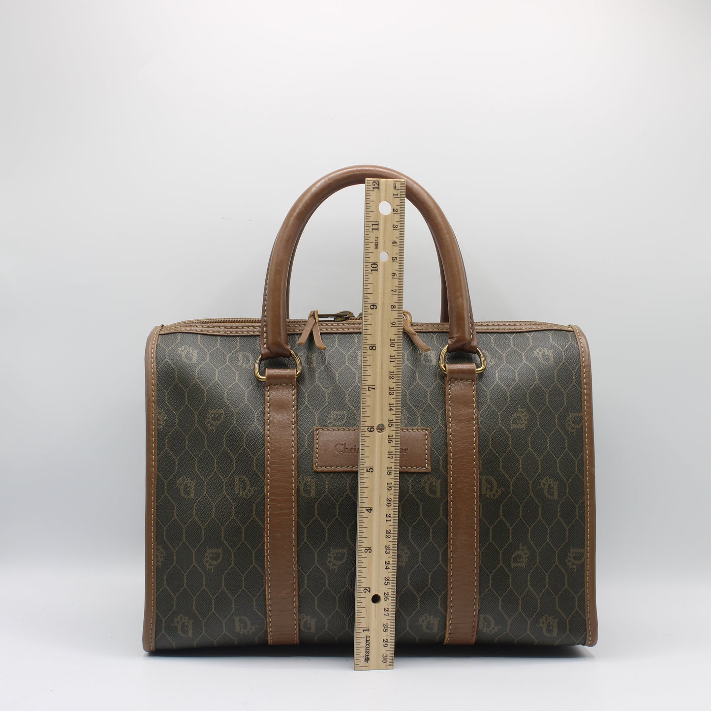Christian Dior Brown Honeycomb Canvas Leather Boston Bag