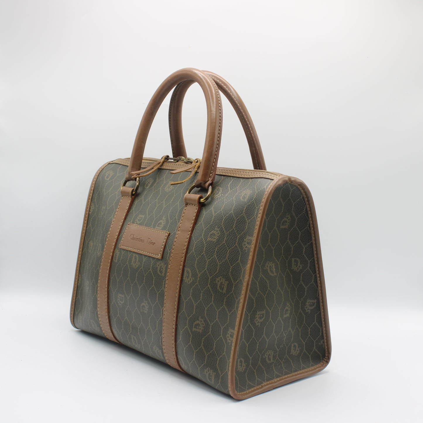 Christian Dior Brown Honeycomb Canvas Leather Boston Bag