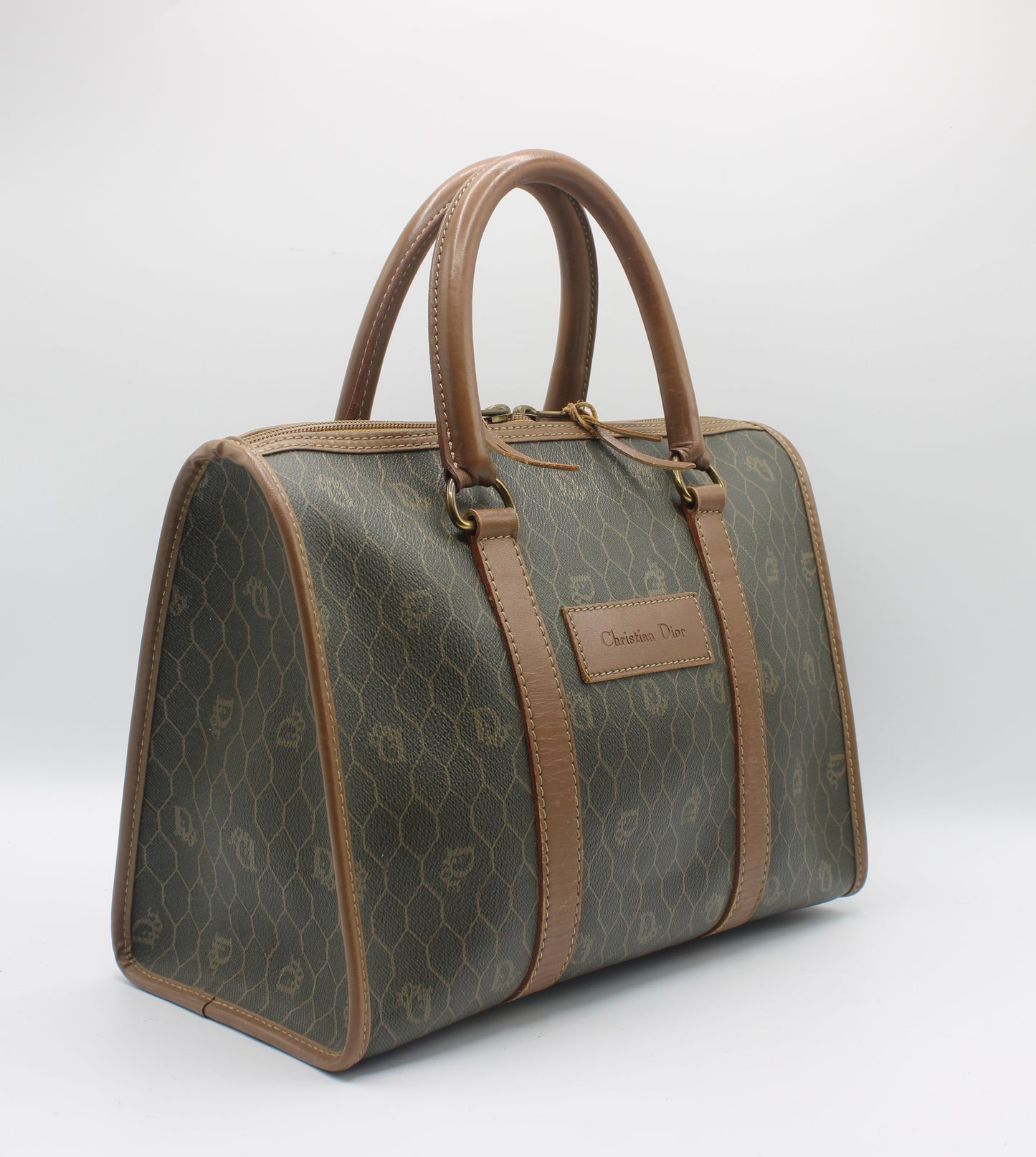 Christian Dior Brown Honeycomb Canvas Leather Boston Bag