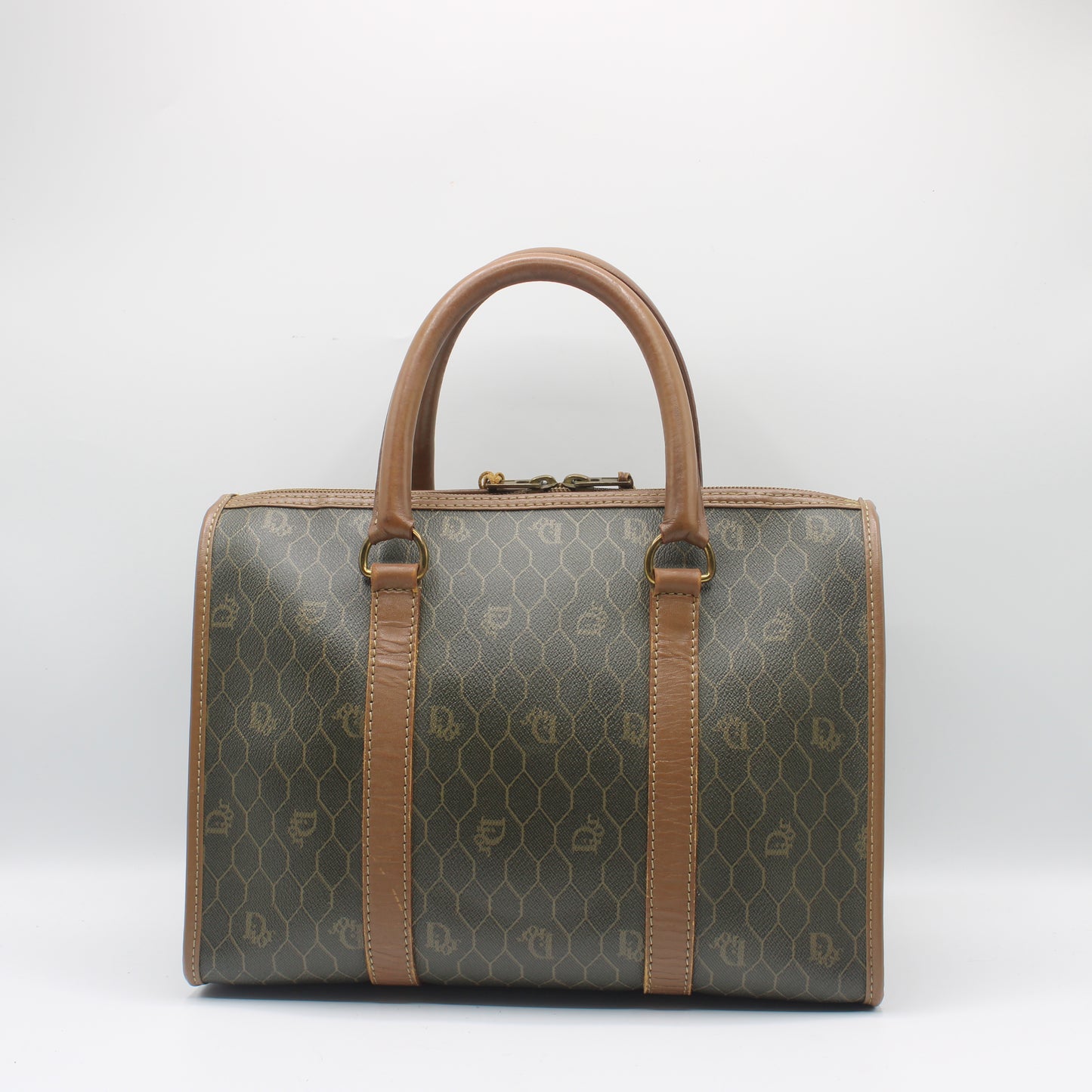 Christian Dior Brown Honeycomb Canvas Leather Boston Bag