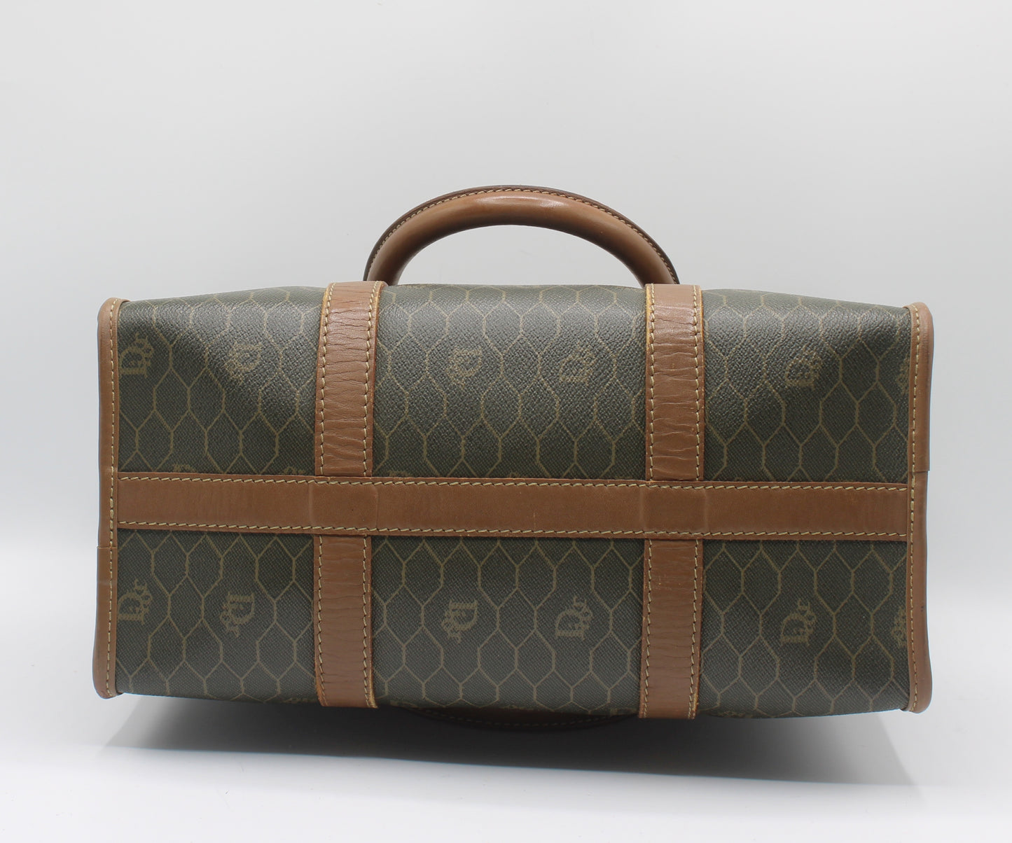 Christian Dior Brown Honeycomb Canvas Leather Boston Bag