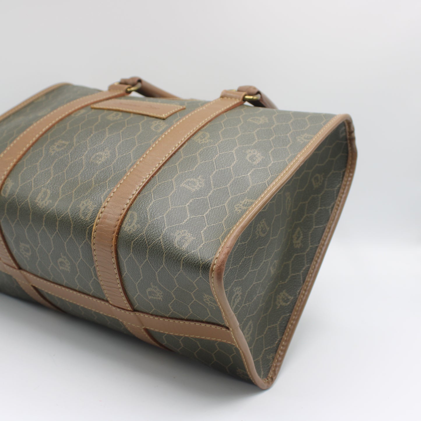 Christian Dior Brown Honeycomb Canvas Leather Boston Bag