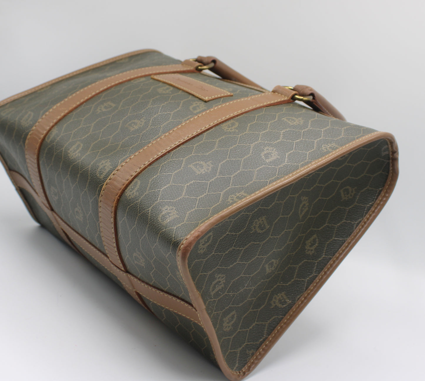 Christian Dior Brown Honeycomb Canvas Leather Boston Bag