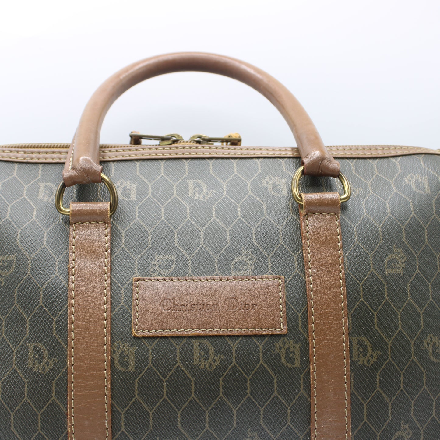 Christian Dior Brown Honeycomb Canvas Leather Boston Bag