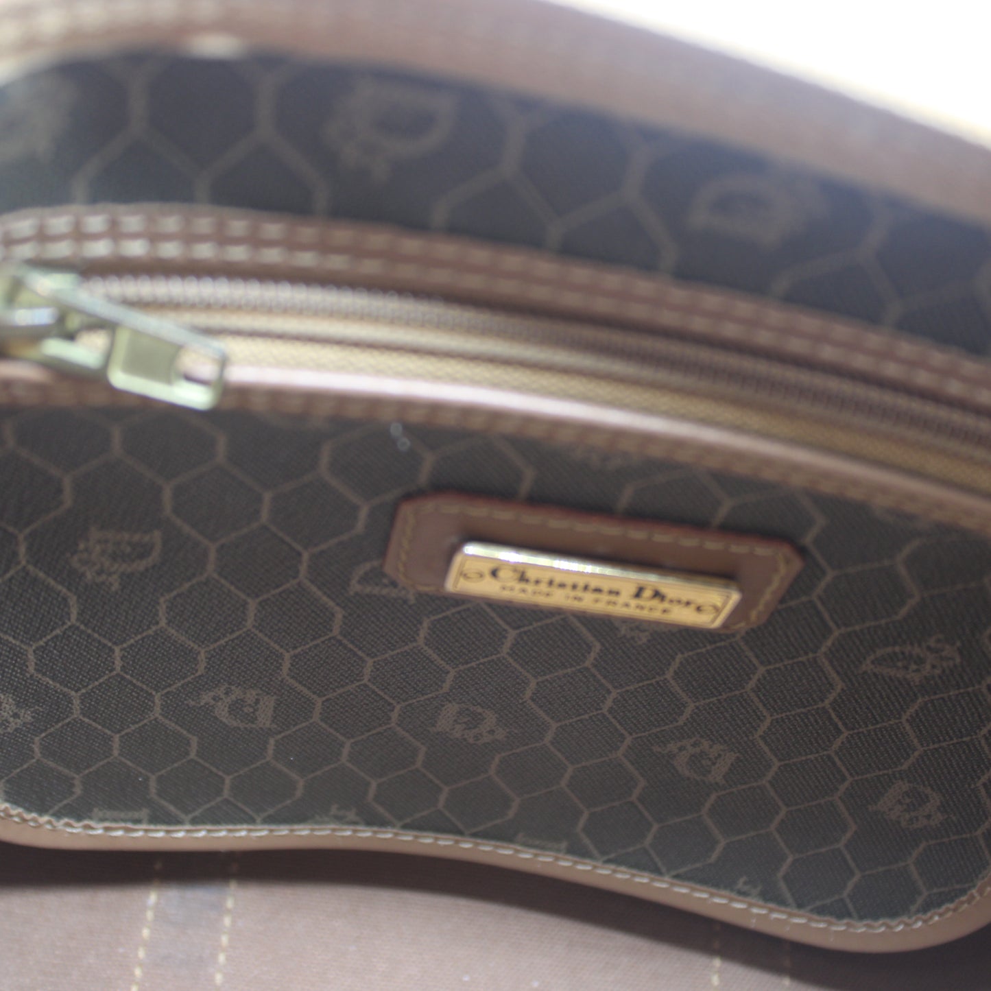Christian Dior Brown Honeycomb Canvas Leather Boston Bag