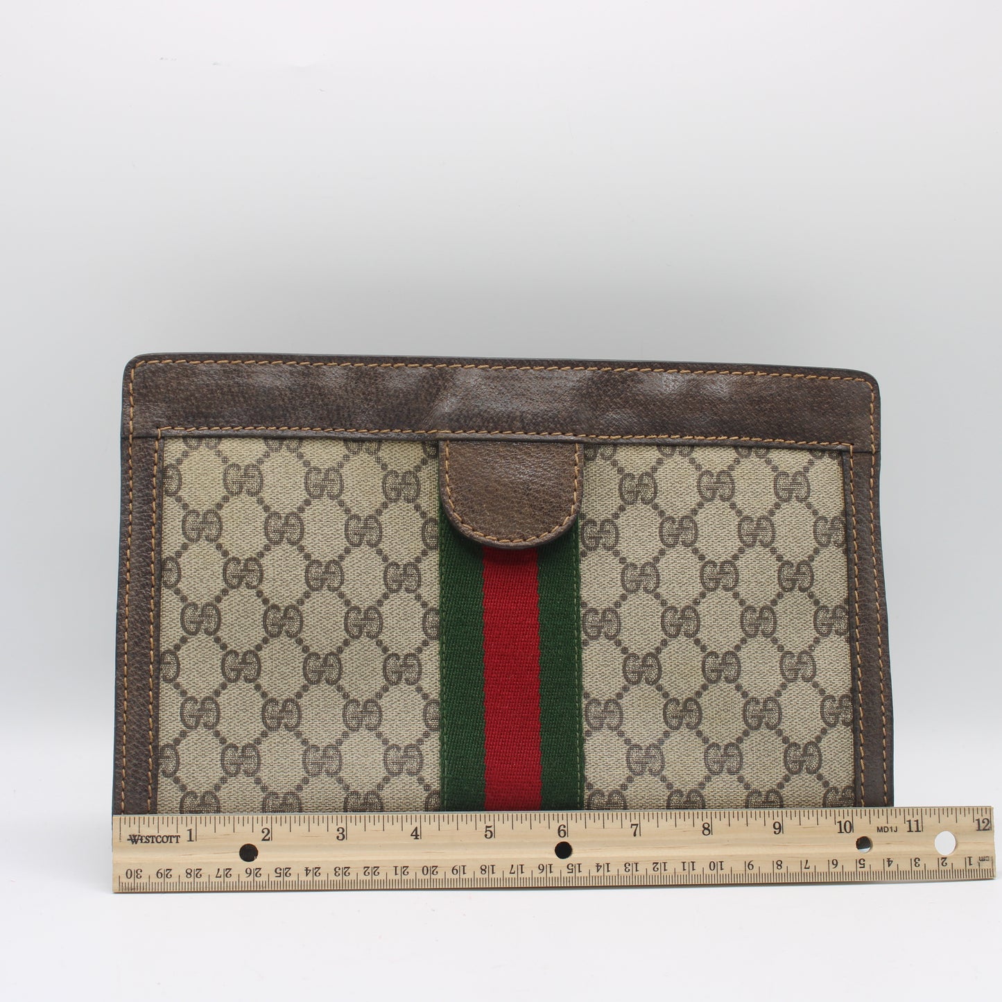Gucci Beige GG Canvas Brown Leather Stripe Clutch Bag