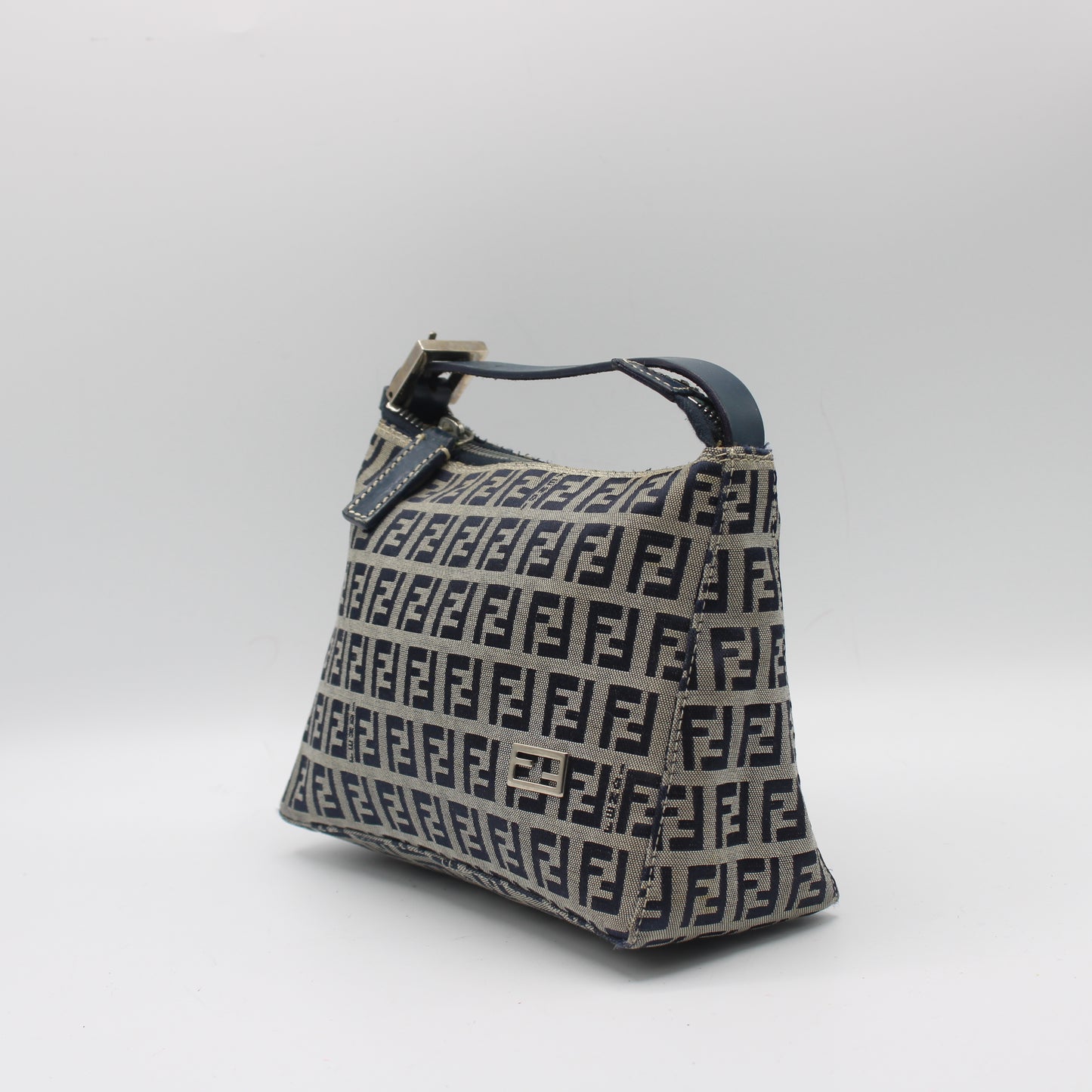 Fendi Navy Zucca Zucchino Canvas Leather Strap Pouch Bag