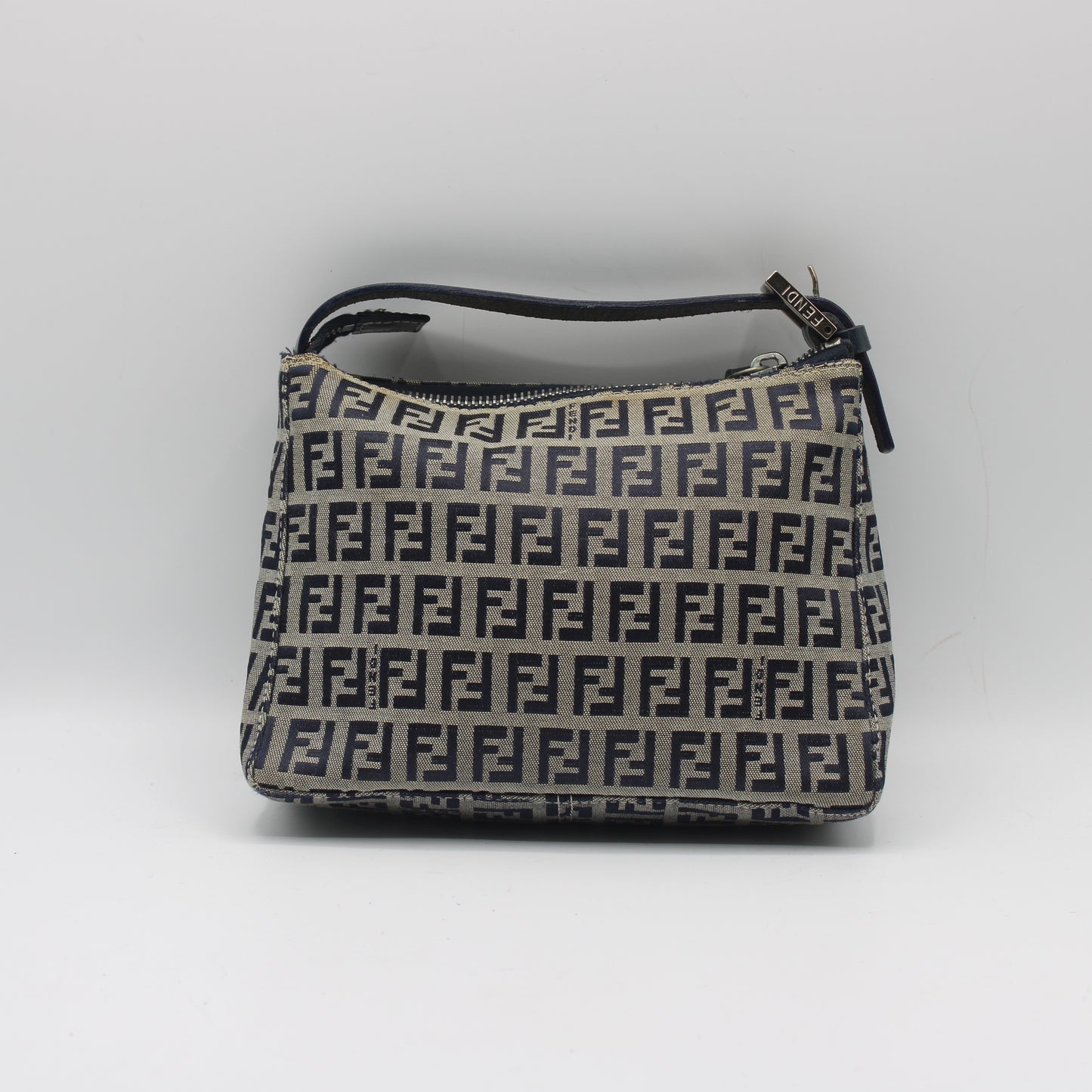 Fendi Navy Zucca Zucchino Canvas Leather Strap Pouch Bag
