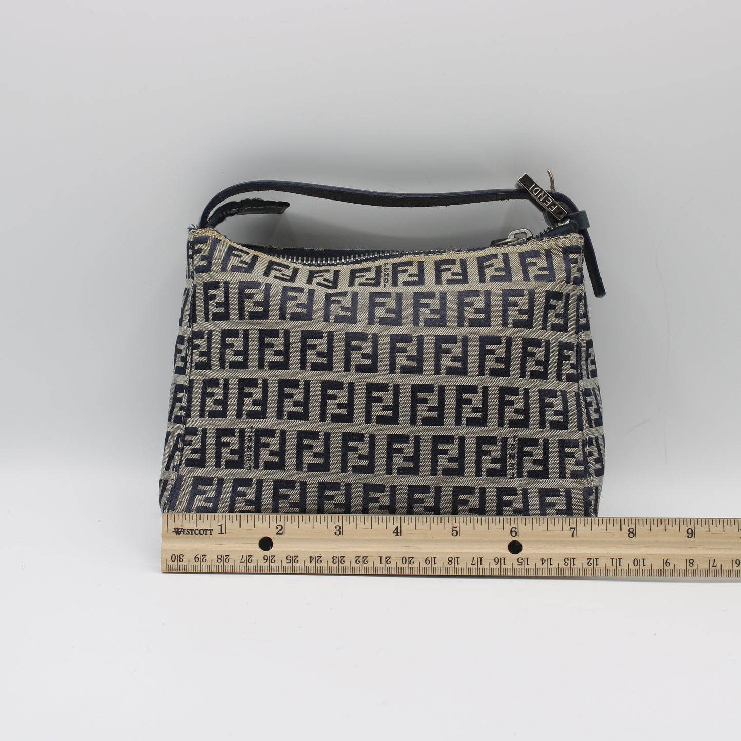 Fendi Navy Zucca Zucchino Canvas Leather Strap Pouch Bag