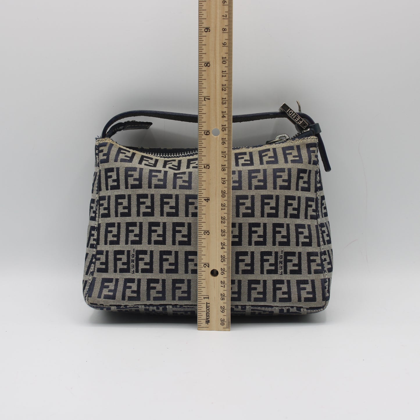 Fendi Navy Zucca Zucchino Canvas Leather Strap Pouch Bag