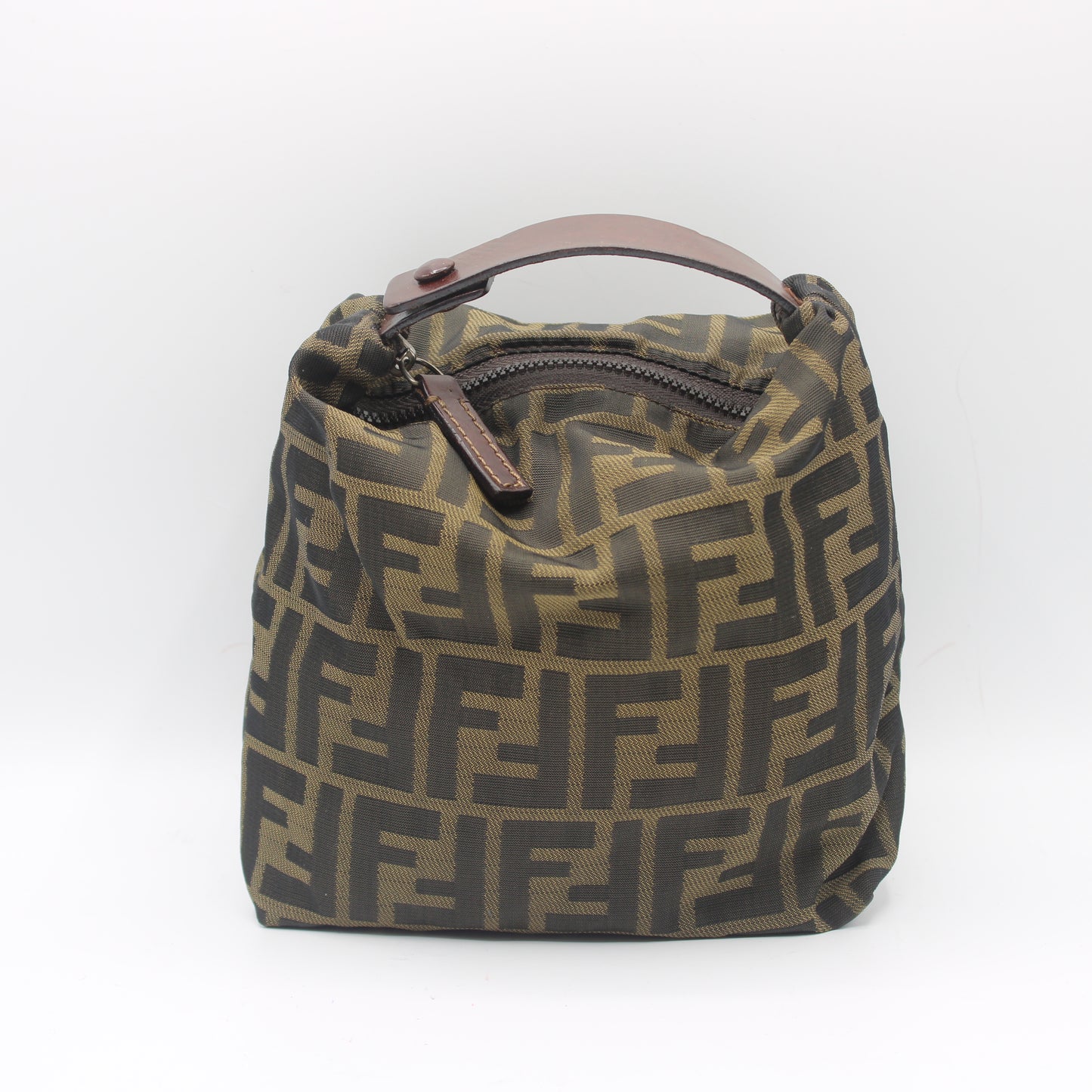 Fendi Brown Zucca Canvas Pouch Handbag With Leather Handle