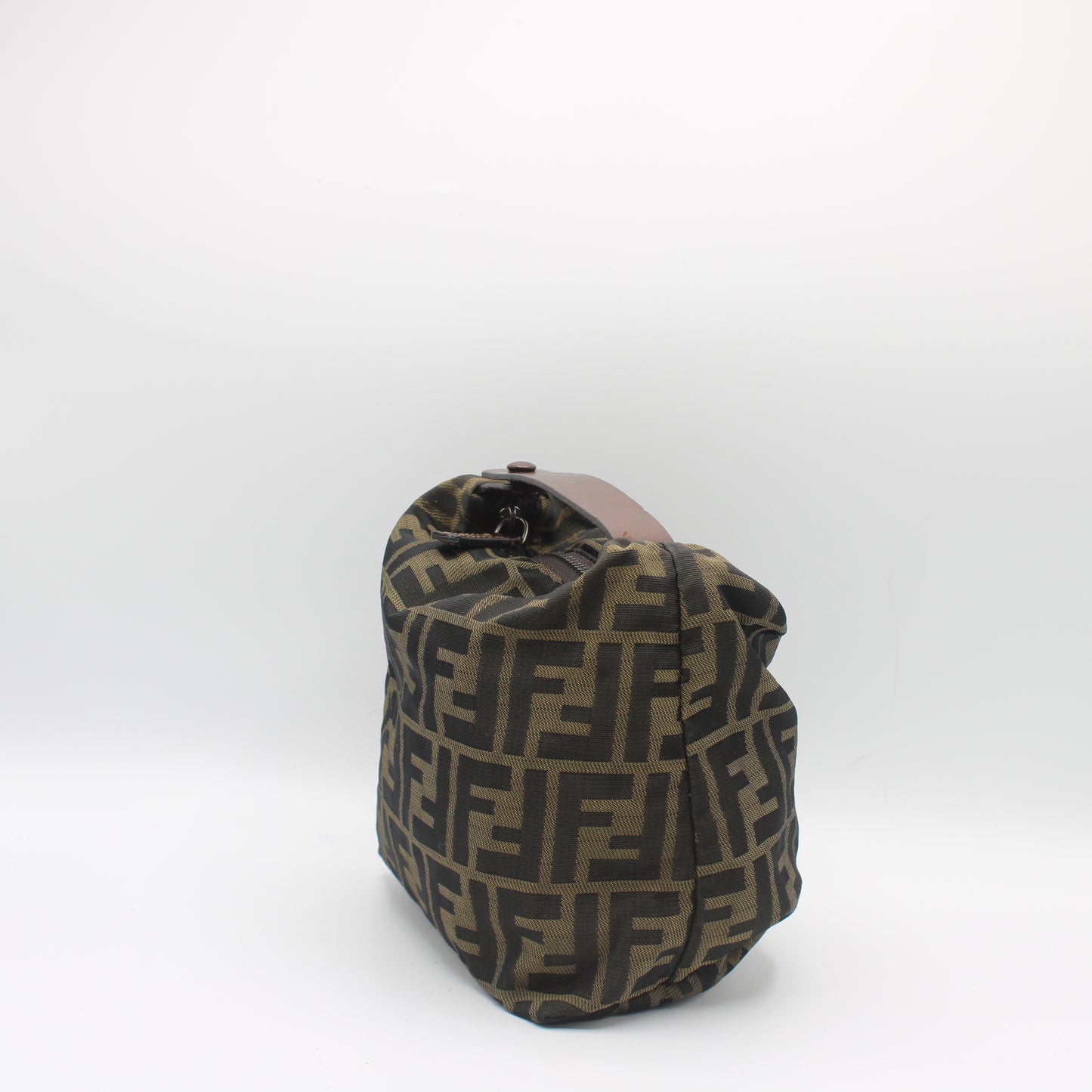 Fendi Brown Zucca Canvas Pouch Handbag With Leather Handle