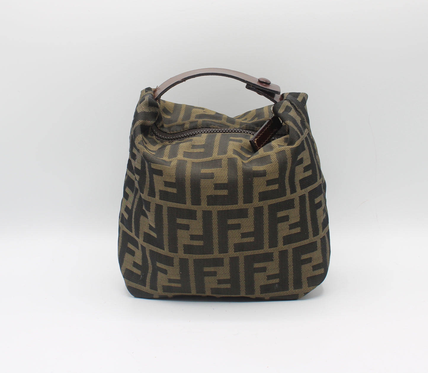 Fendi Brown Zucca Canvas Pouch Handbag With Leather Handle