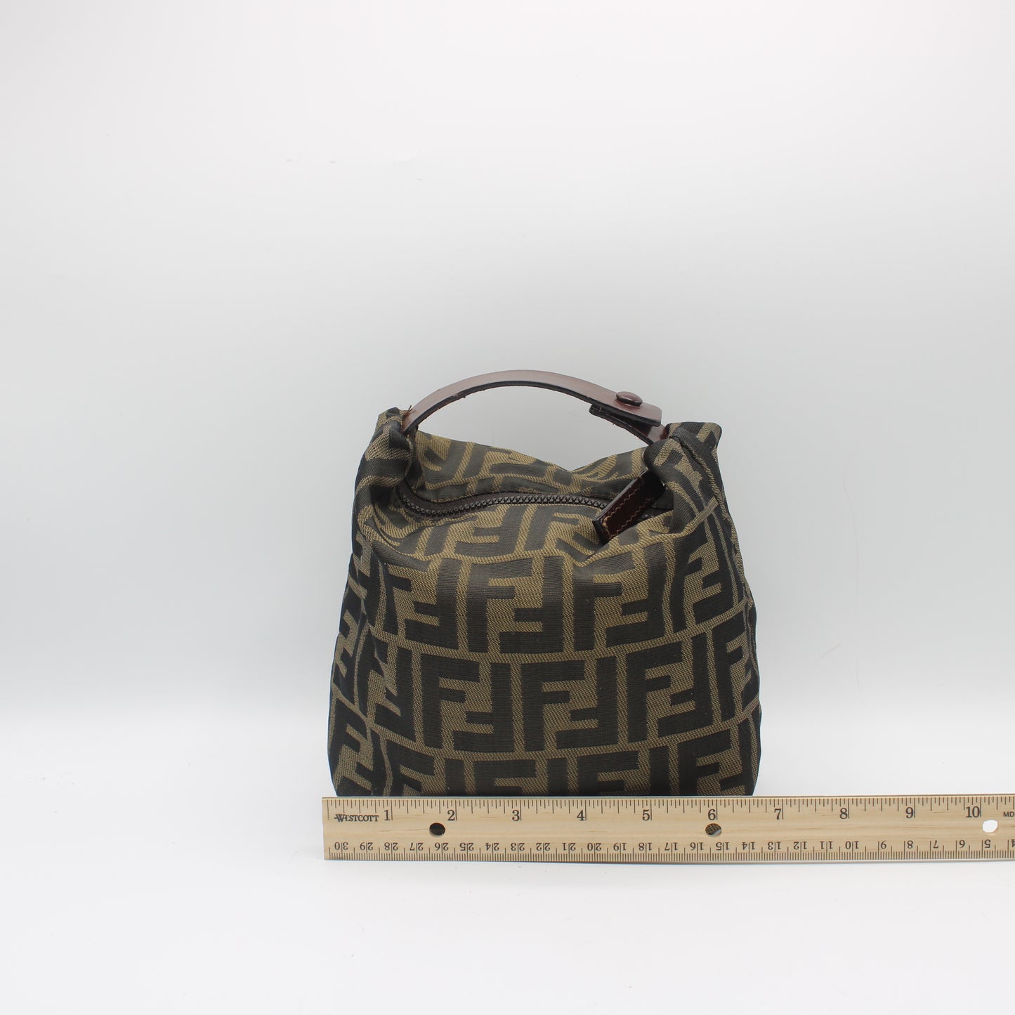 Fendi Brown Zucca Canvas Pouch Handbag With Leather Handle