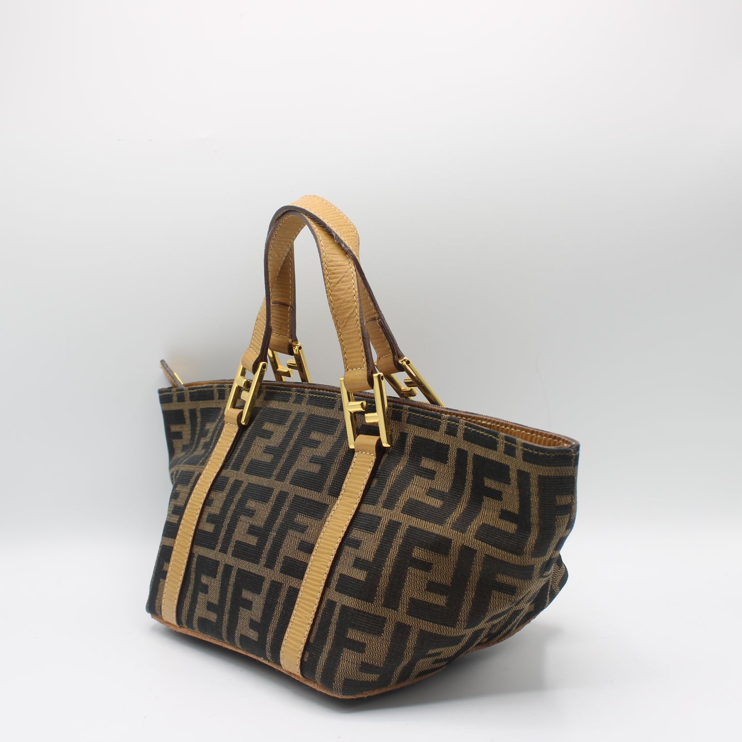 Fendi Brown Zucca Canvas Beige Leather Mini Hand Bag
