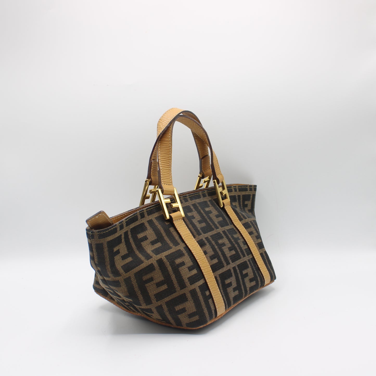 Fendi Brown Zucca Canvas Beige Leather Mini Hand Bag