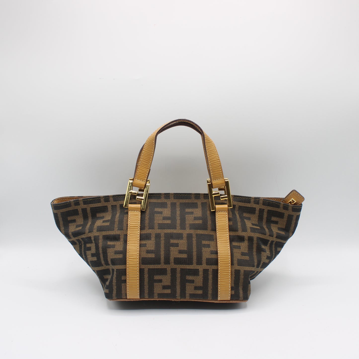Fendi Brown Zucca Canvas Beige Leather Mini Hand Bag