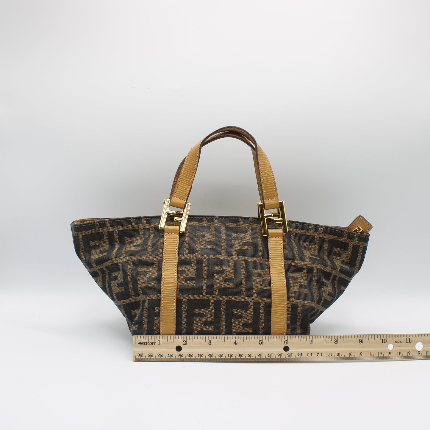 Fendi Brown Zucca Canvas Beige Leather Mini Hand Bag