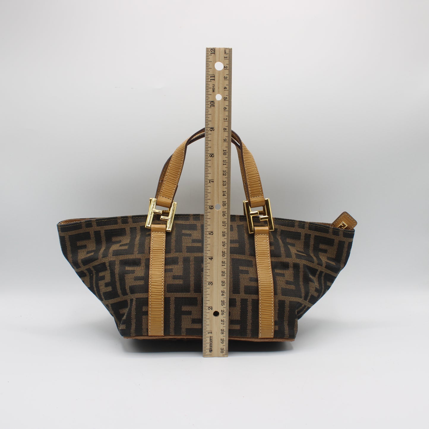 Fendi Brown Zucca Canvas Beige Leather Mini Hand Bag