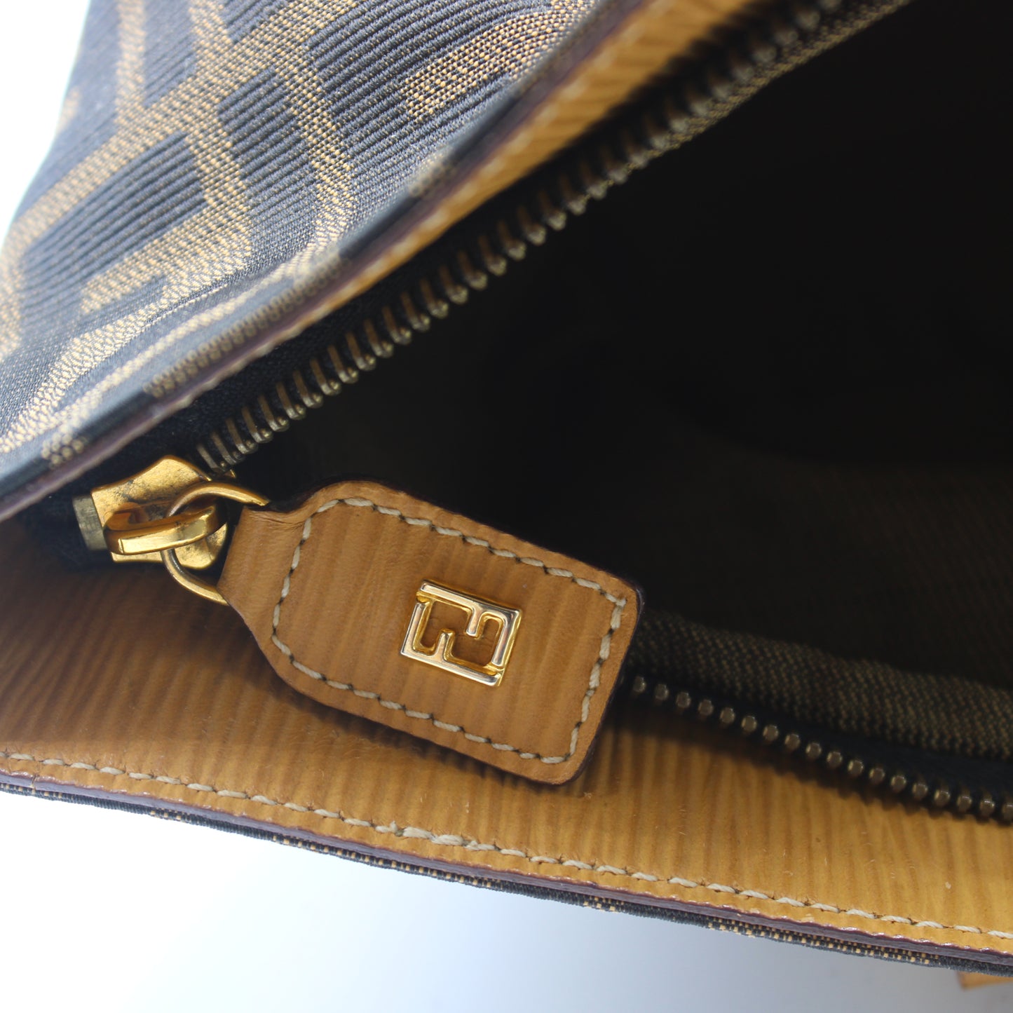Fendi Brown Zucca Canvas Beige Leather Mini Hand Bag